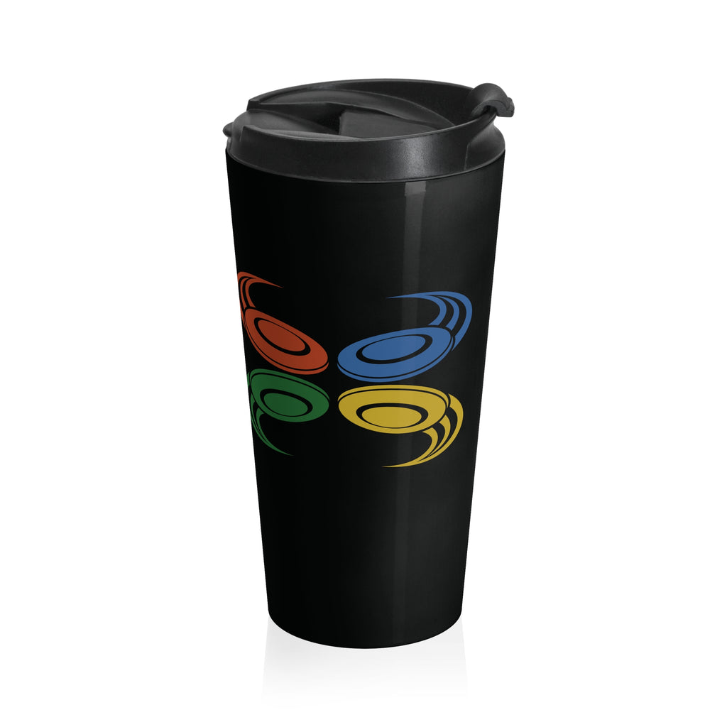 A black travel mug with a lid featuring a colorful graphic of flying disc golf discs, against a white background