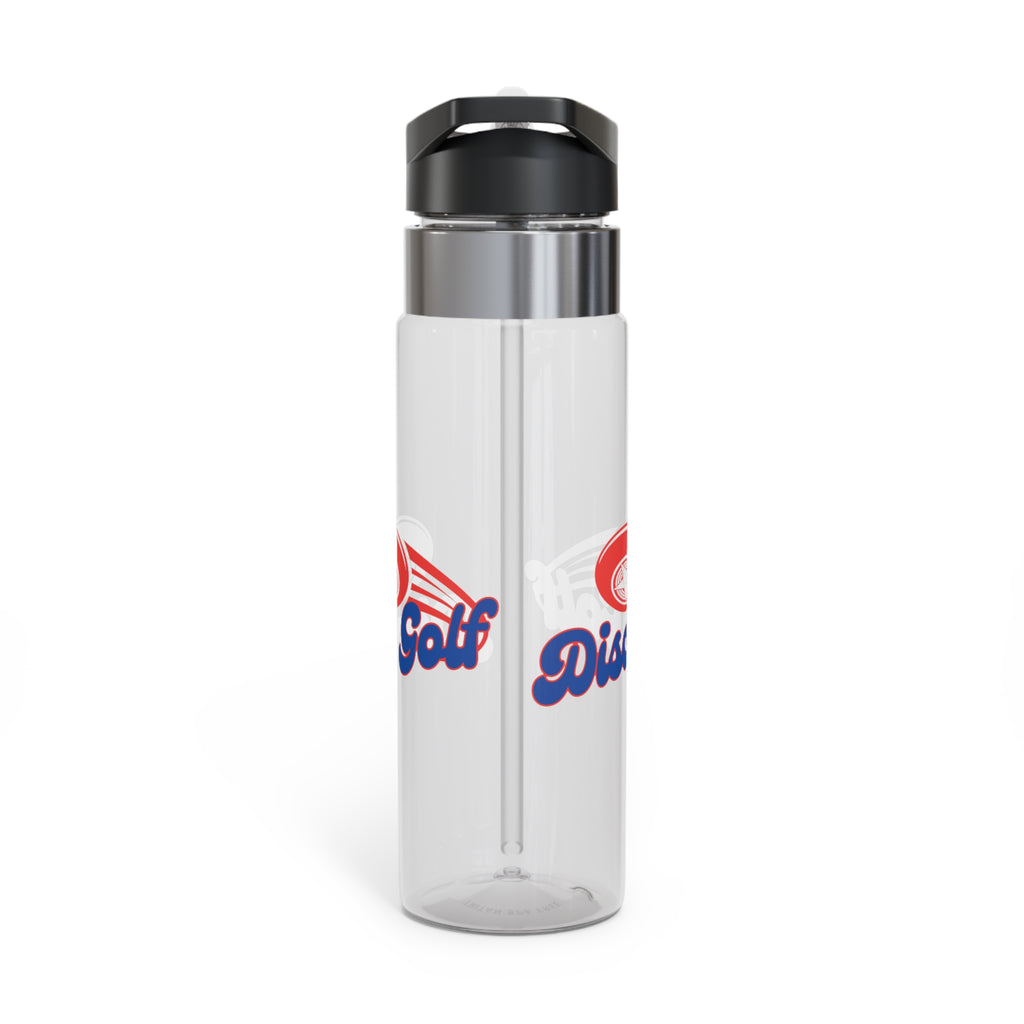 A clear water bottle with a lid, featuring the words 'Disc Golf' in a blue script text outlined in red and disc golf with motion trails, against a white background