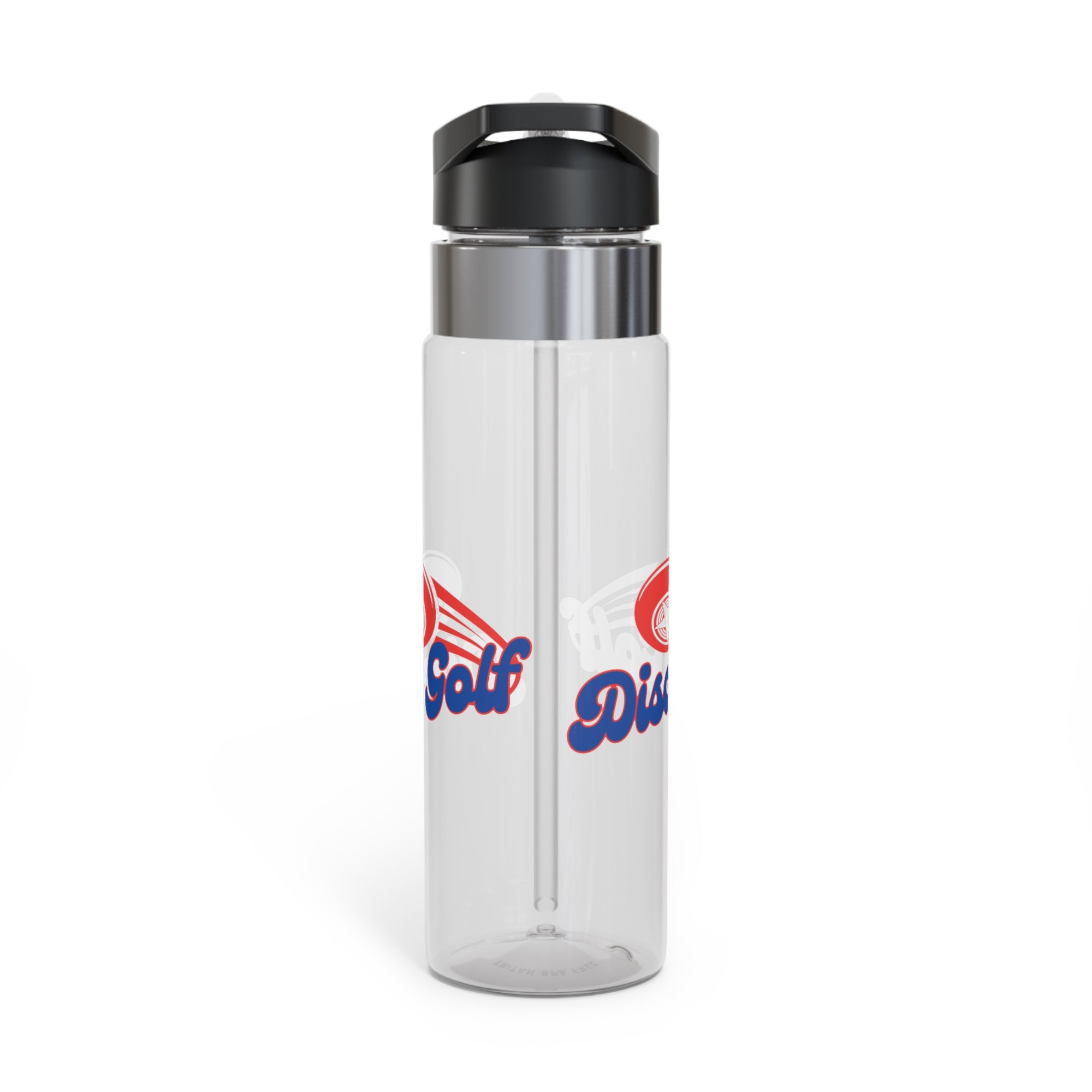 A clear water bottle with a lid, featuring the words 'Disc Golf' in a blue script text outlined in red and disc golf with motion trails, against a white background
