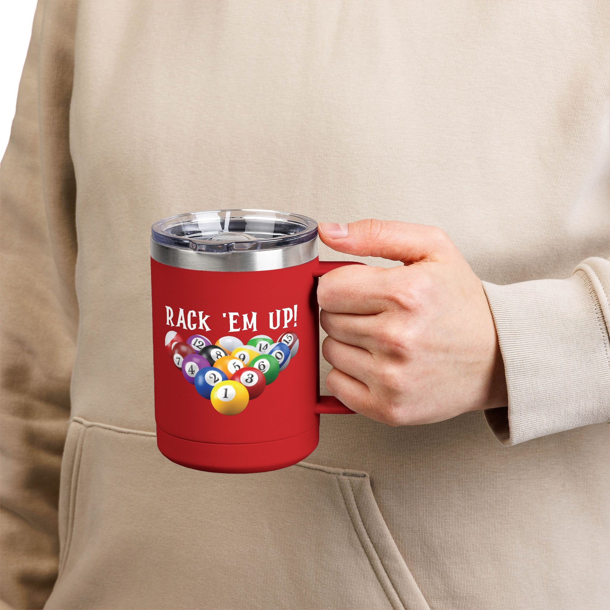 A person holding a red travel mug tumbler with handle and lid, with a pool ball design and 'Rack 'Em Up!' text on a white background