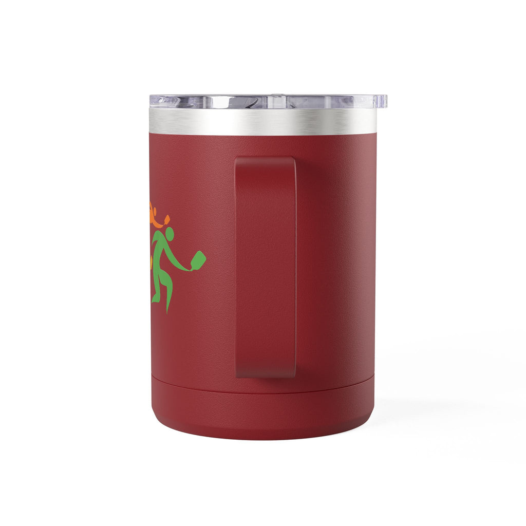 Back view of a maroon coffee travel tumbler with lid and handle featuring an image of four colorful pickleball player drawings playing pickleball against a white background