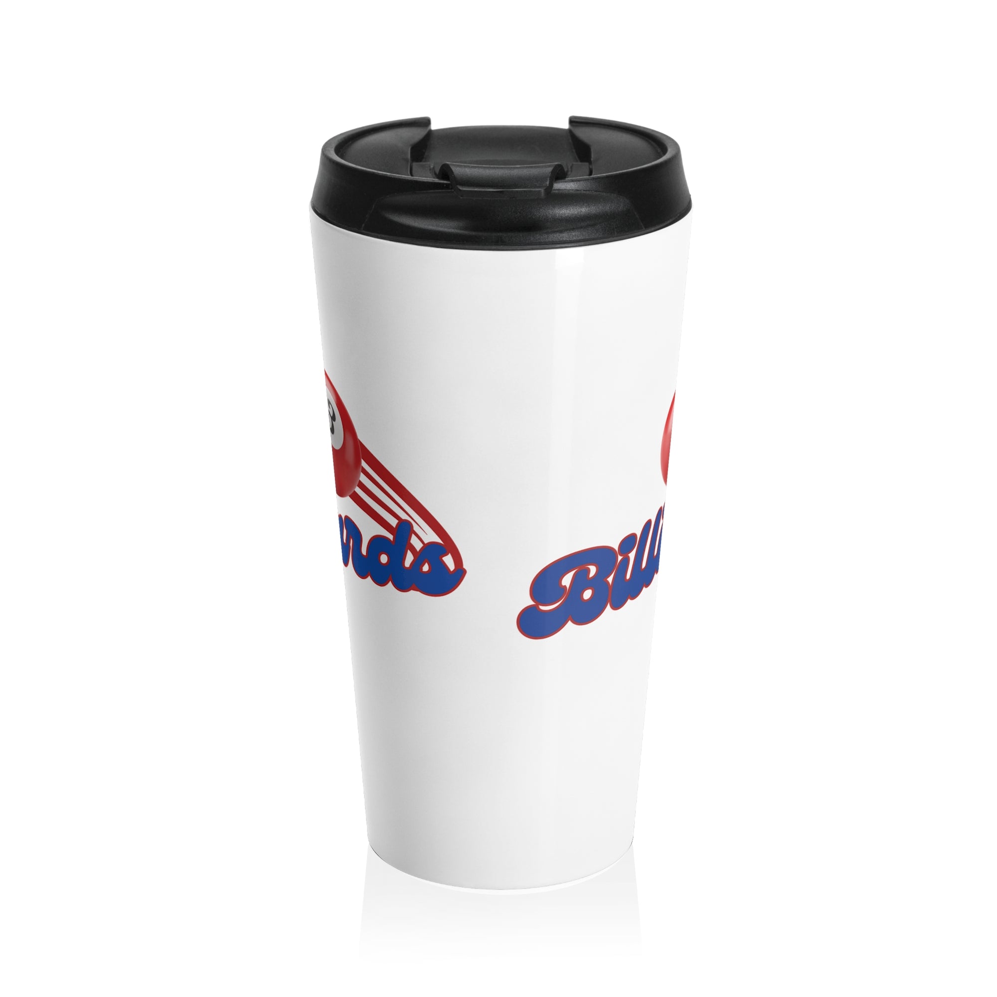 White coffee tumbler with black lid, with billiards ball and text that says "Billiards" against a white background