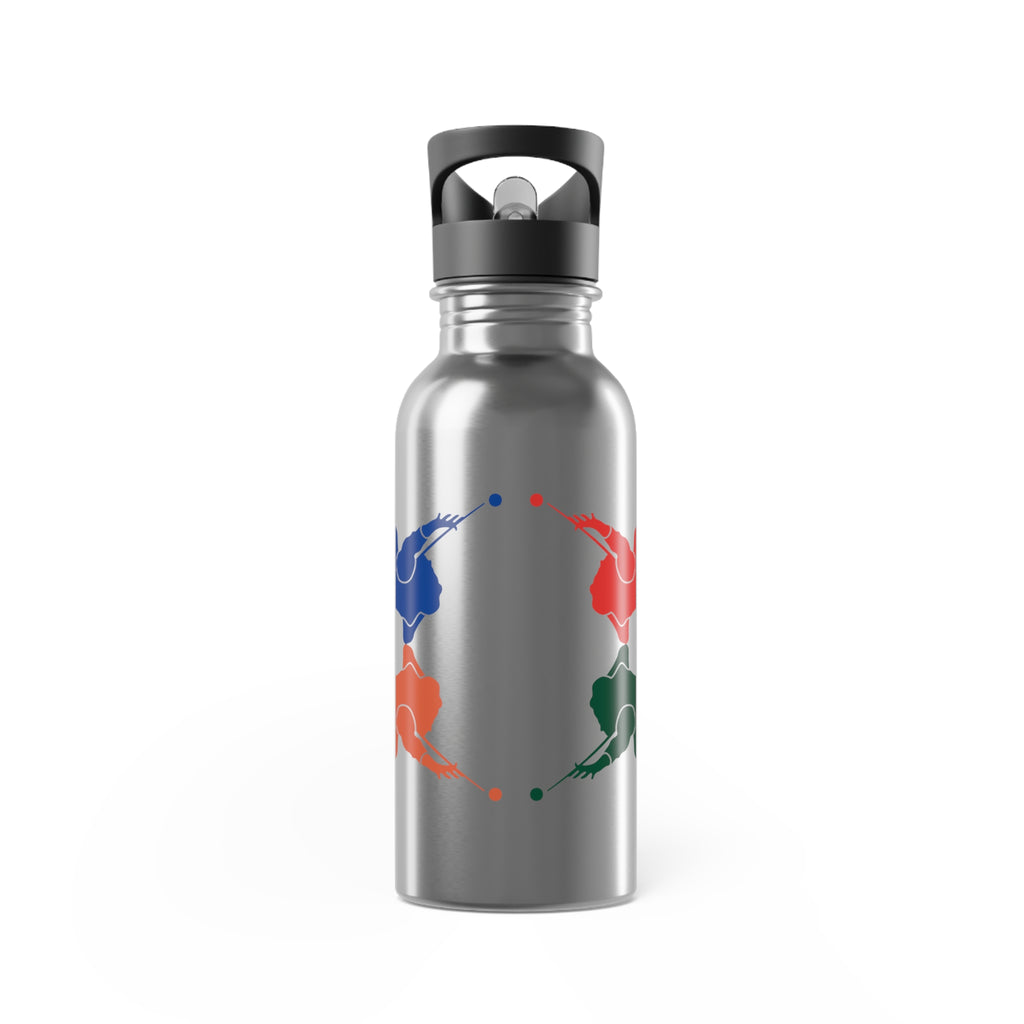 A stainless steel water bottle with colorful graphic of 4 billiards player silhouettes in a pop art style, against a white background