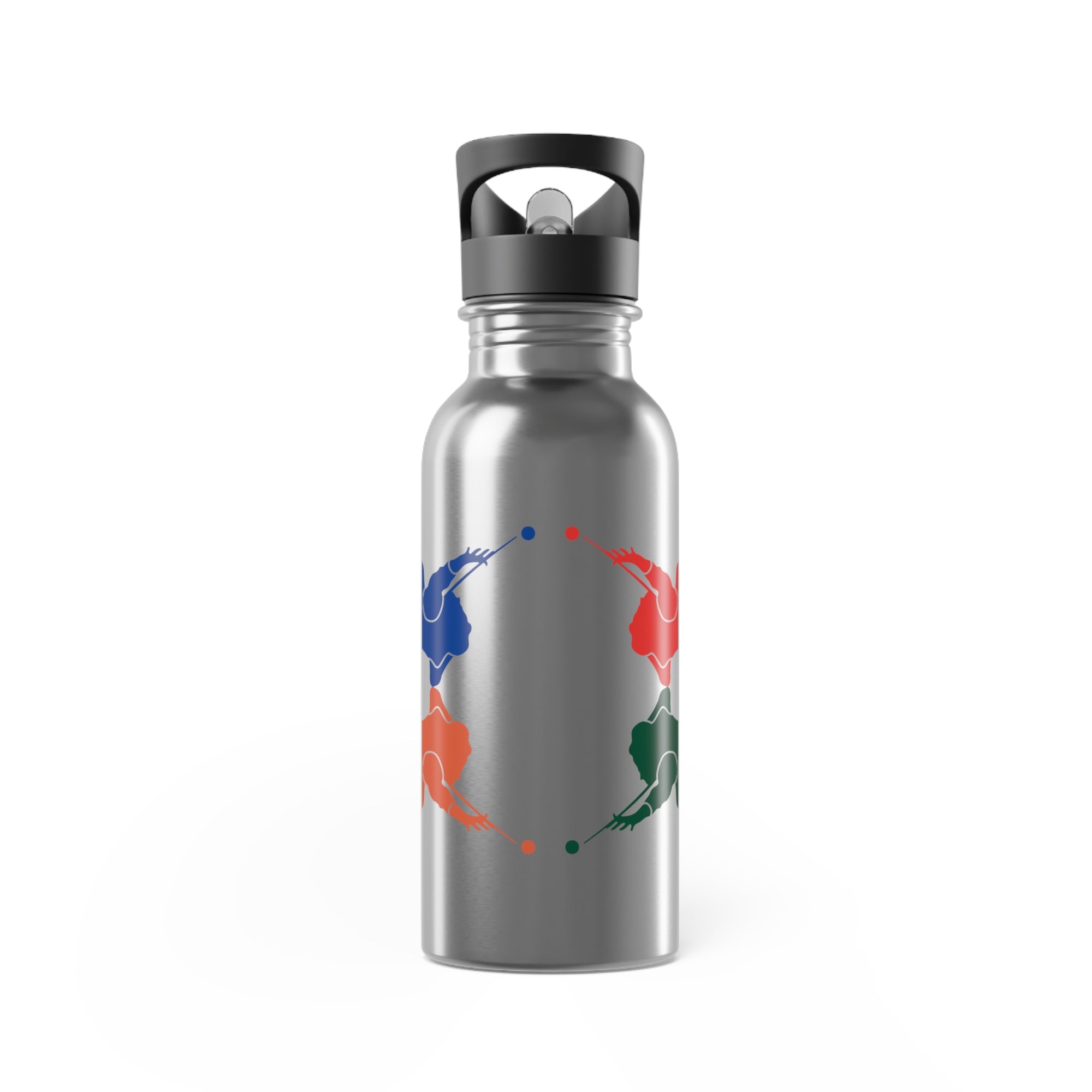 A stainless steel water bottle with colorful graphic of 4 billiards player silhouettes in a pop art style, against a white background