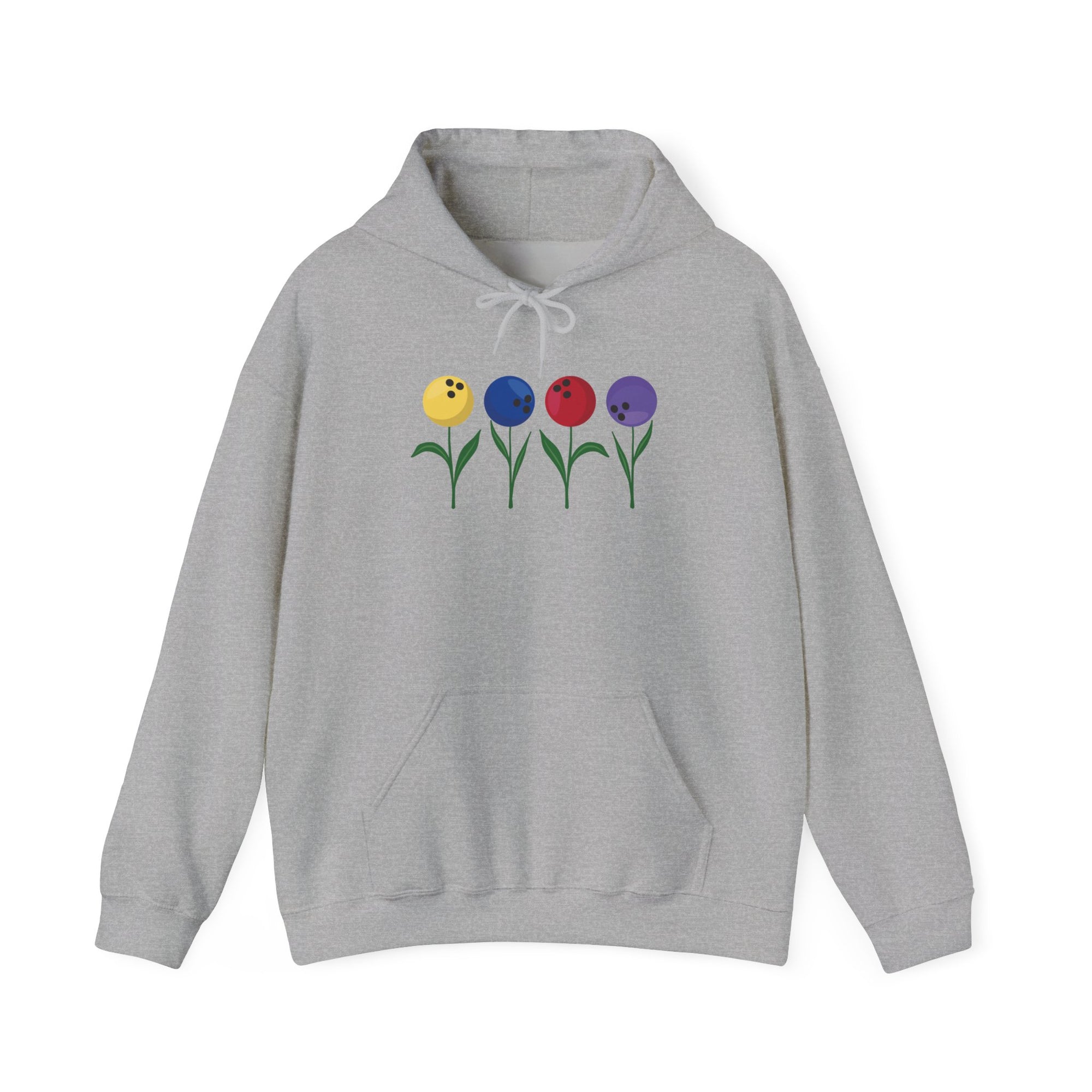 Gray hoodie with colorful flowers made out of bowling balls, on a white background