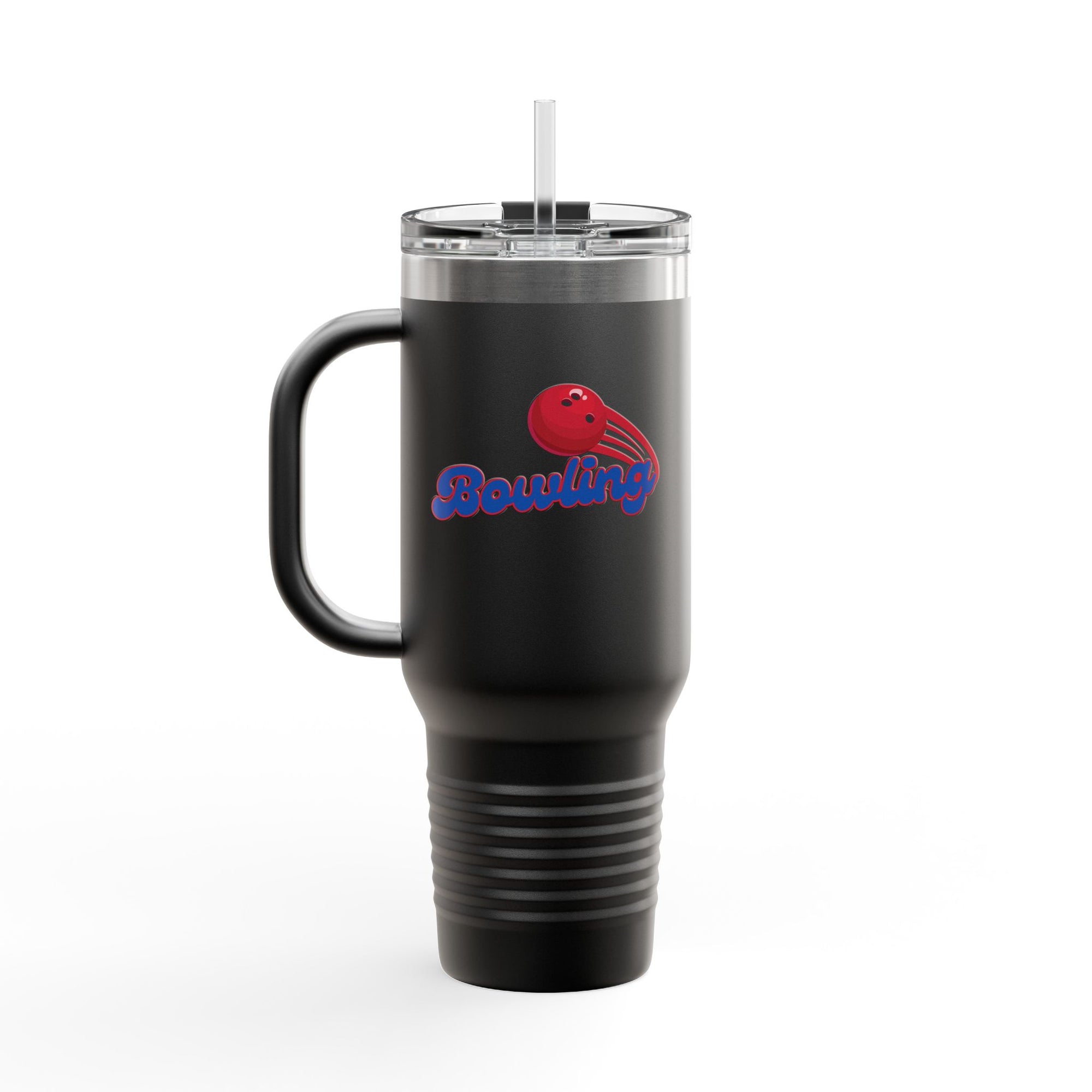 A black 40oz tumbler with handle, lid, and straw, with a red bowling ball graphic and 'Bowling' text on a white background