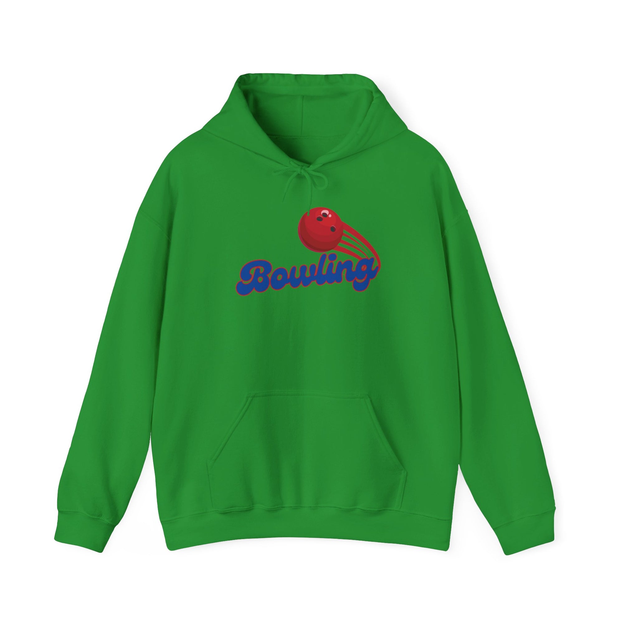 Green hoodie with a red bowling ball graphic and 'Bowling' text on a white background