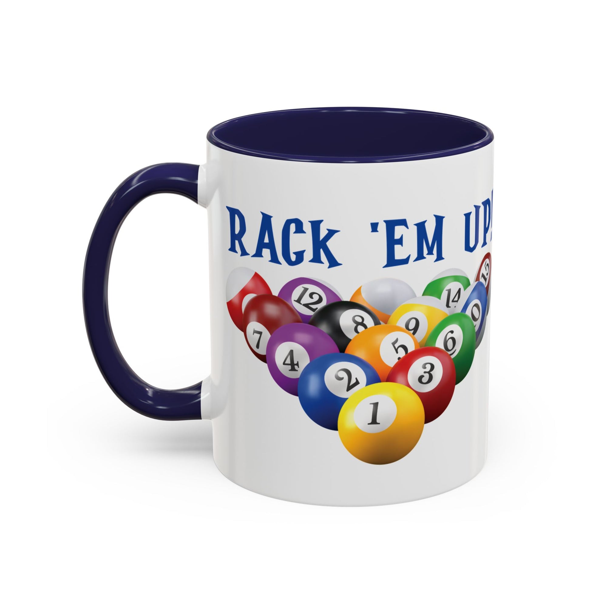 A white ceramic coffee mug with dark blue accents on the handle and interior, with racked pool ball design and 'Rack 'Em Up!' text, against a white background