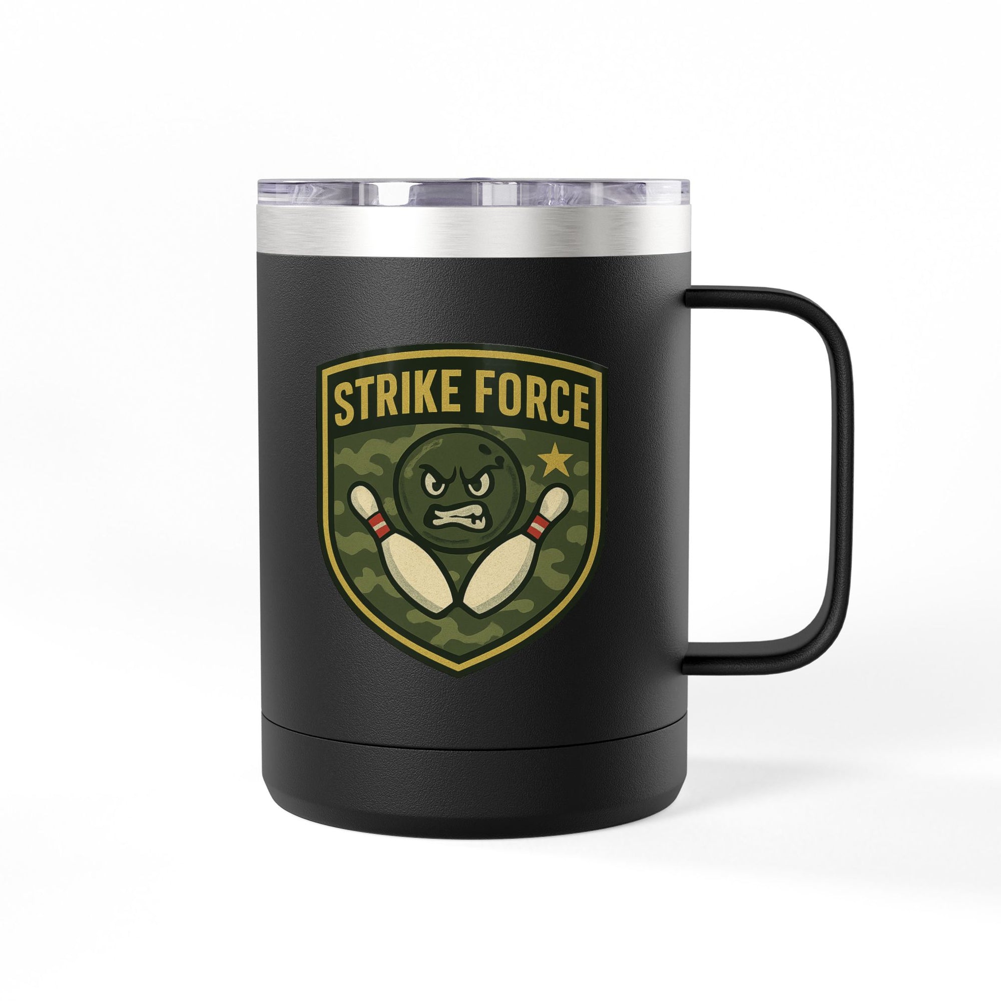 Black travel coffee tumbler with handle and lid, with bowling 'Strike Force' military-style patch on a white background