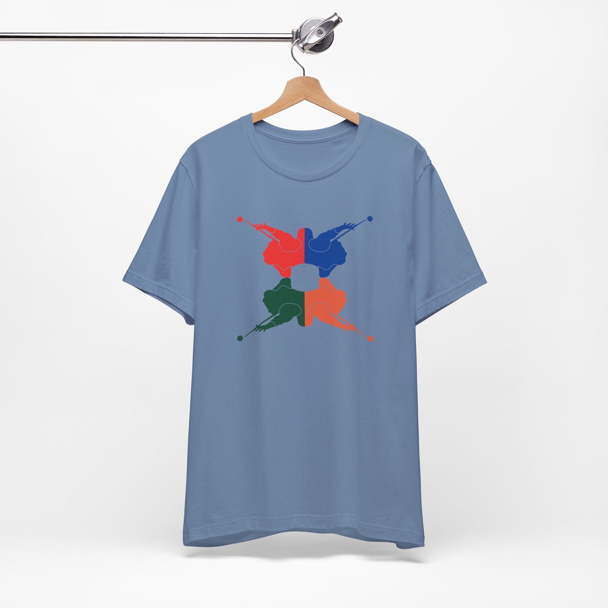 Steel blue t-shirt with colorful graphic of 4 billiards player silhouettes in a pop art style, on a hanger against a white background