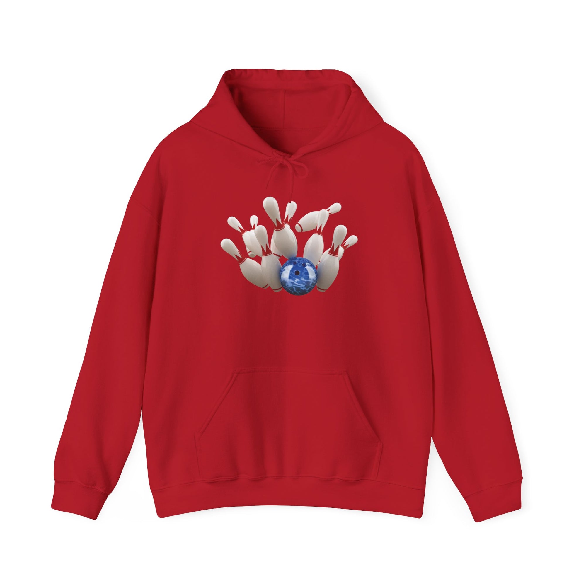 Red hoodie with a graphic of a blue bowling ball knocking over bowling pins, on a white background