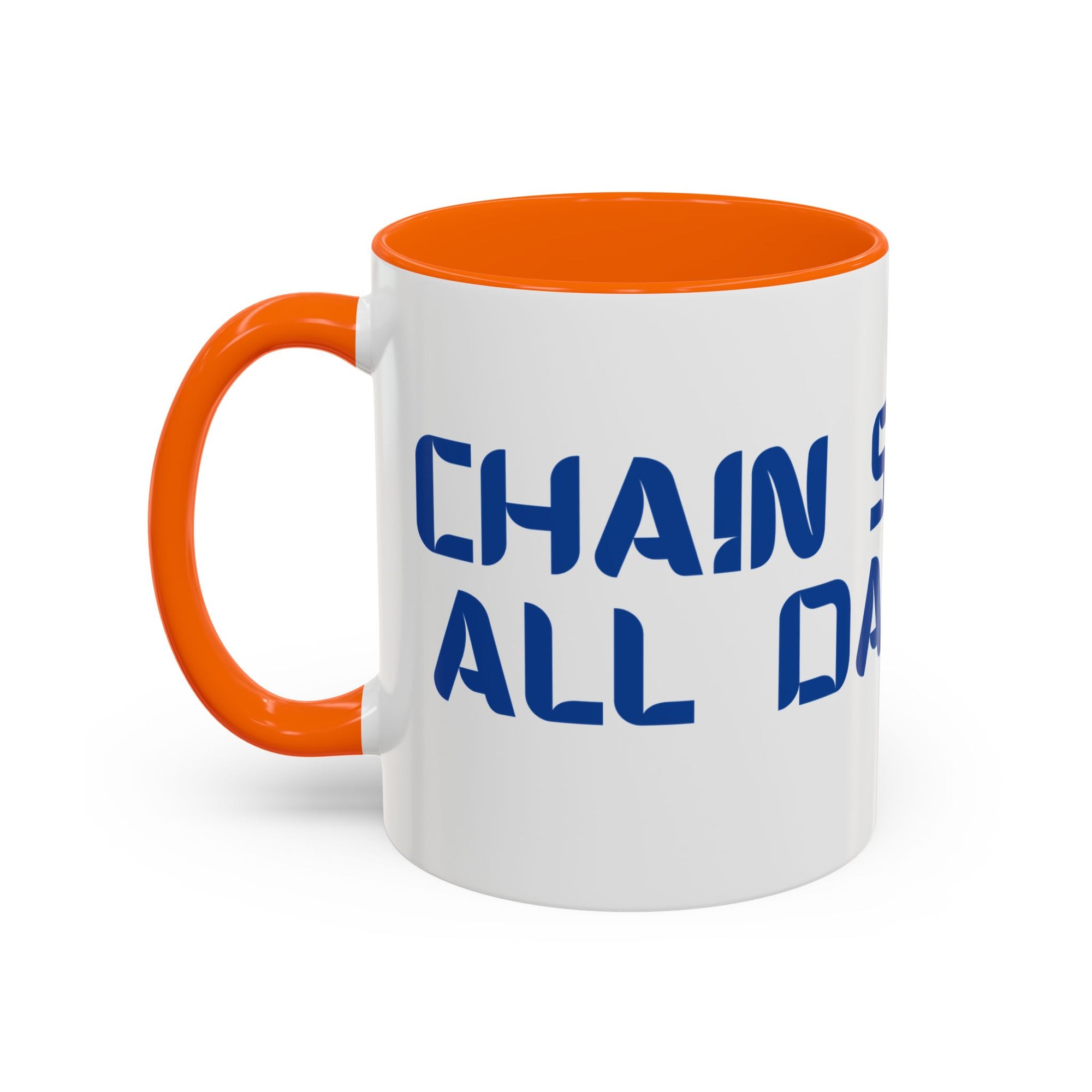 A ceramic coffee mug with orange accents on the handle and interior, with 'CHAIN SMOKING ALL DAY LONG' text with the O's replaced by disc golf discs, against a white background