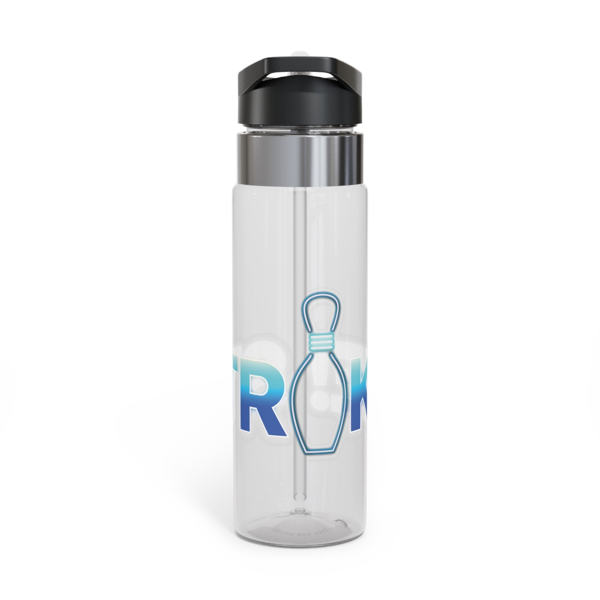 Clear water bottle with black lid, with 'STRIKE!' with the "I" replaced by a bowling pin, on a white background