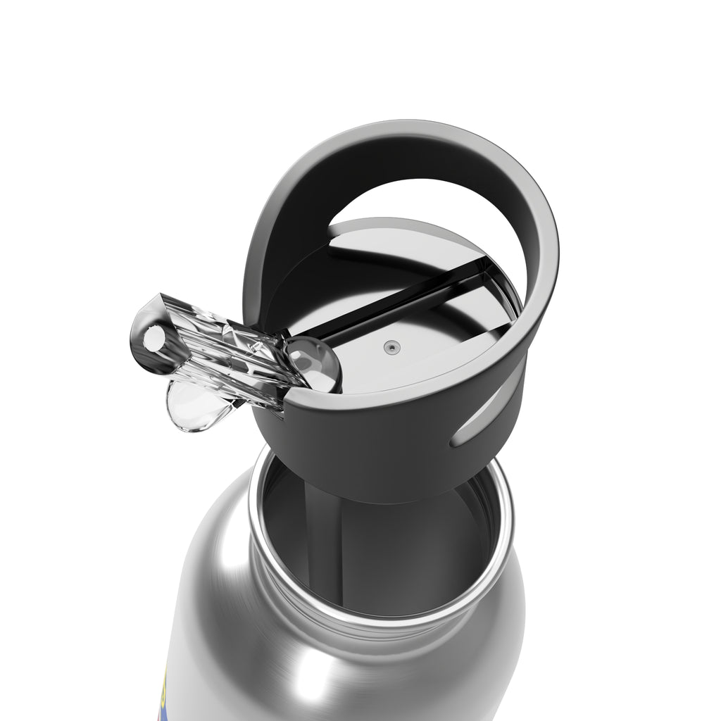 Close-up of a silver water bottle with a black cap on a white background