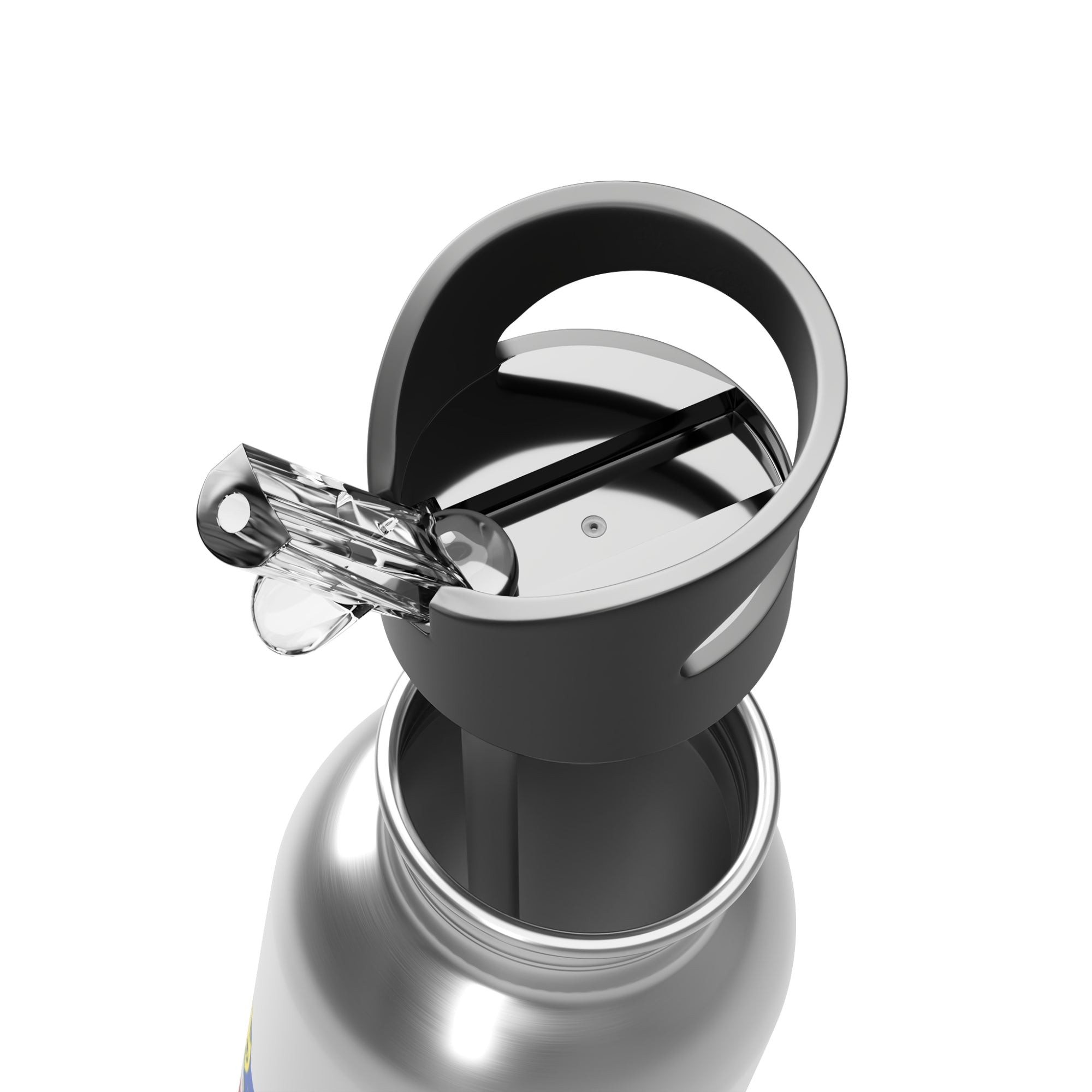 Close-up of a silver water bottle with a black cap on a white background