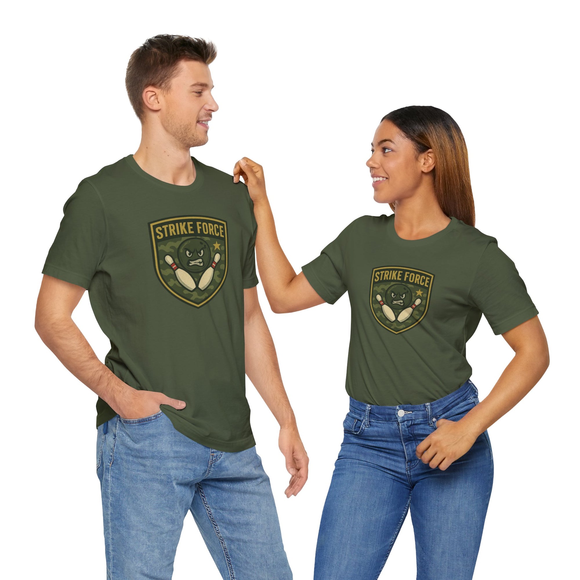 A man and a woman both wearing a military green t-shirt with bowling 'Strike Force' military-style patch on a white background
