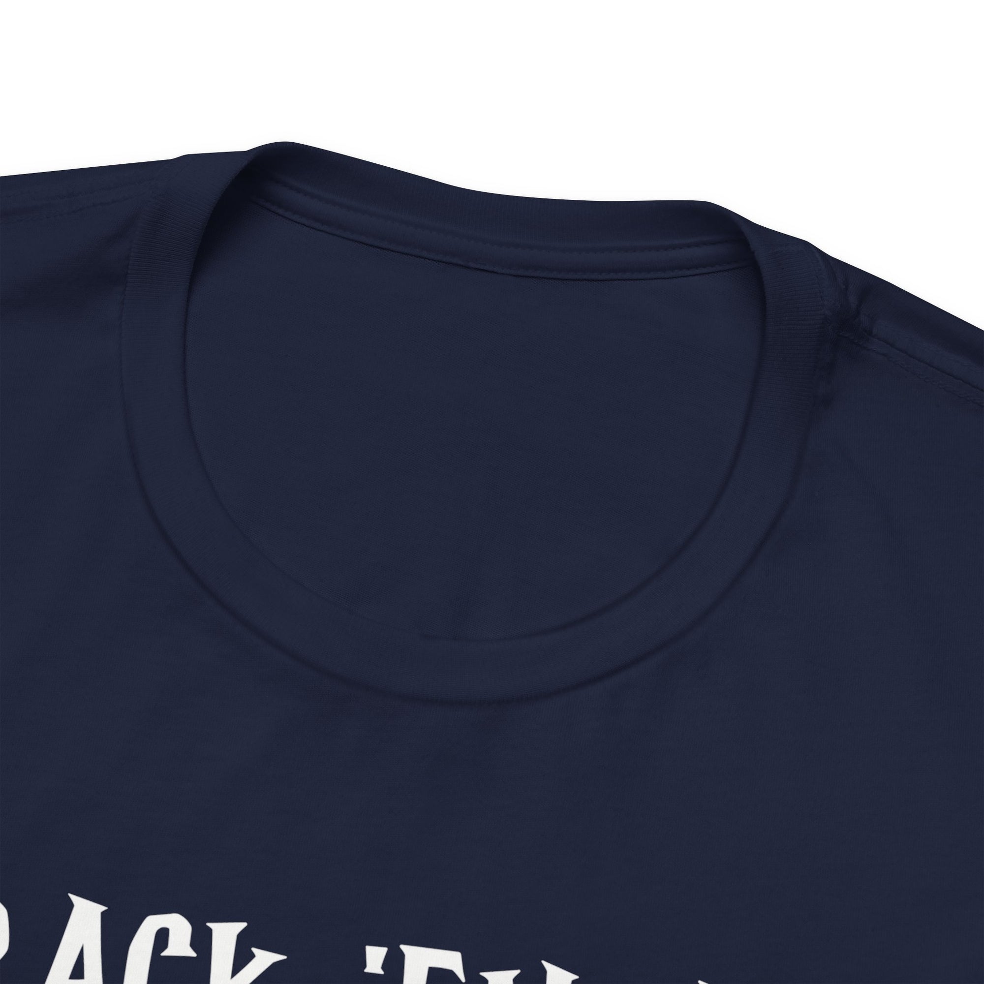 Collar view of a navy blue t-shirt with racked pool ball design and 'Rack 'Em Up!' text, against a white background