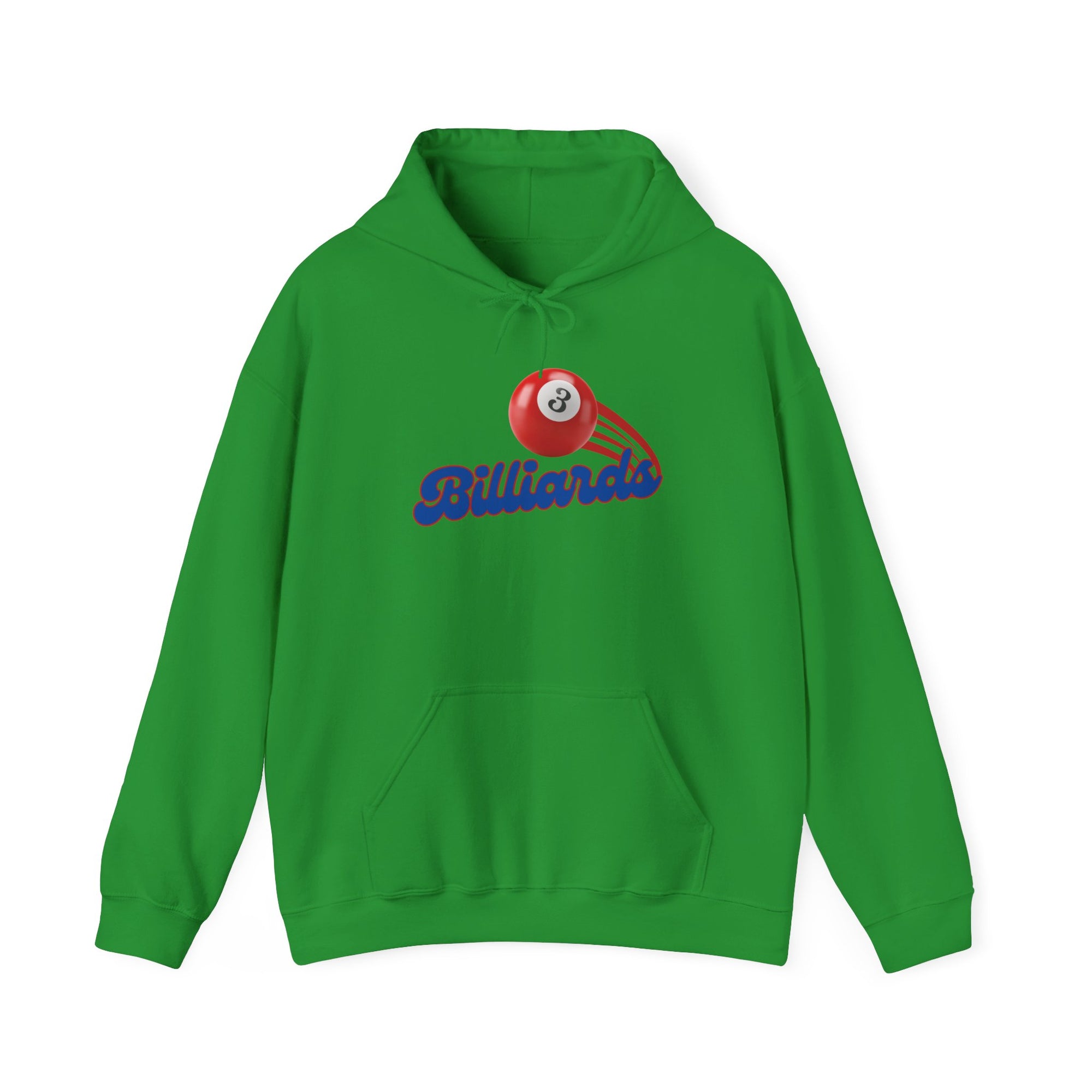 Green hoodie with billiards ball and text that says "Billiards" against a white background