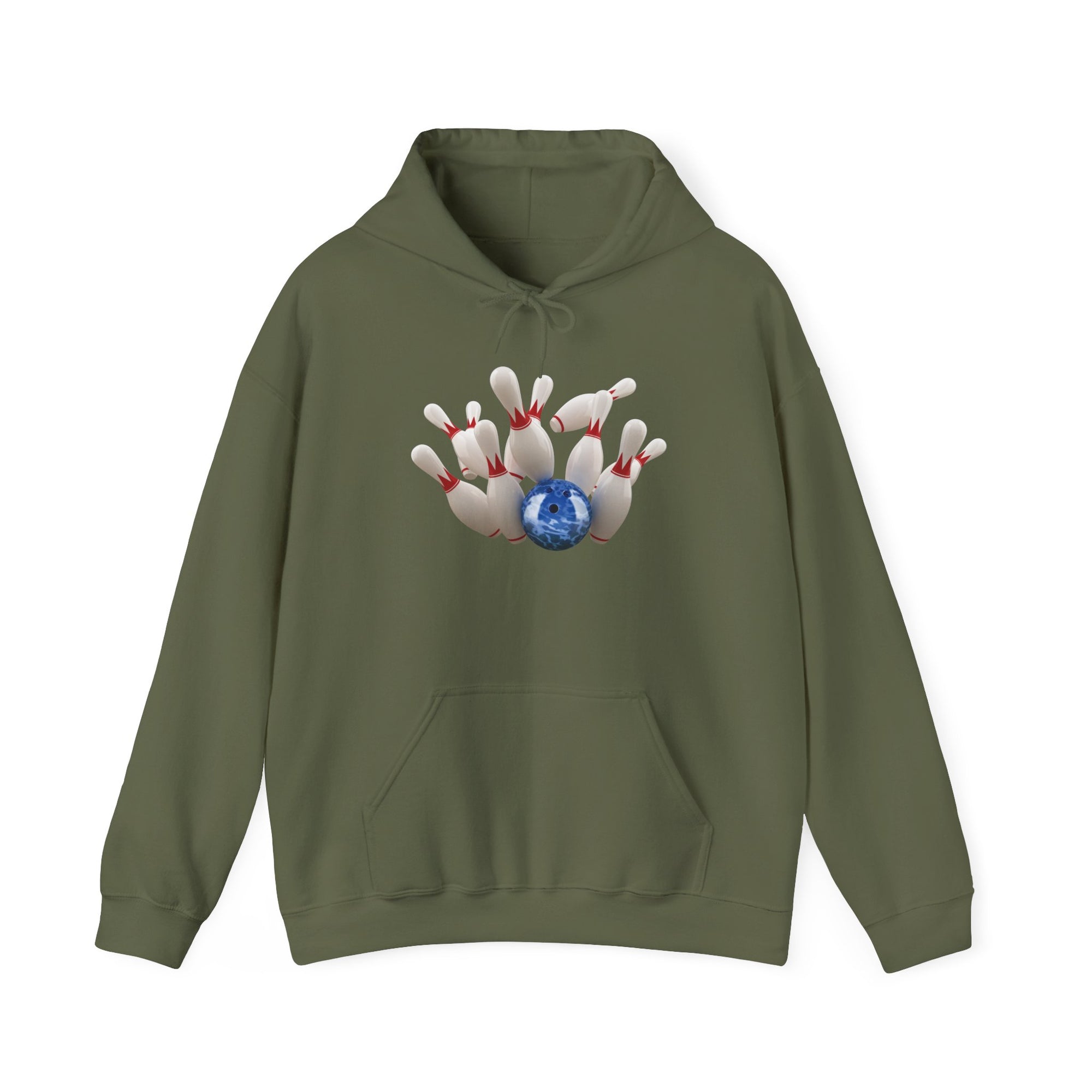 Military green hoodie with a graphic of a blue bowling ball knocking over bowling pins, on a white background