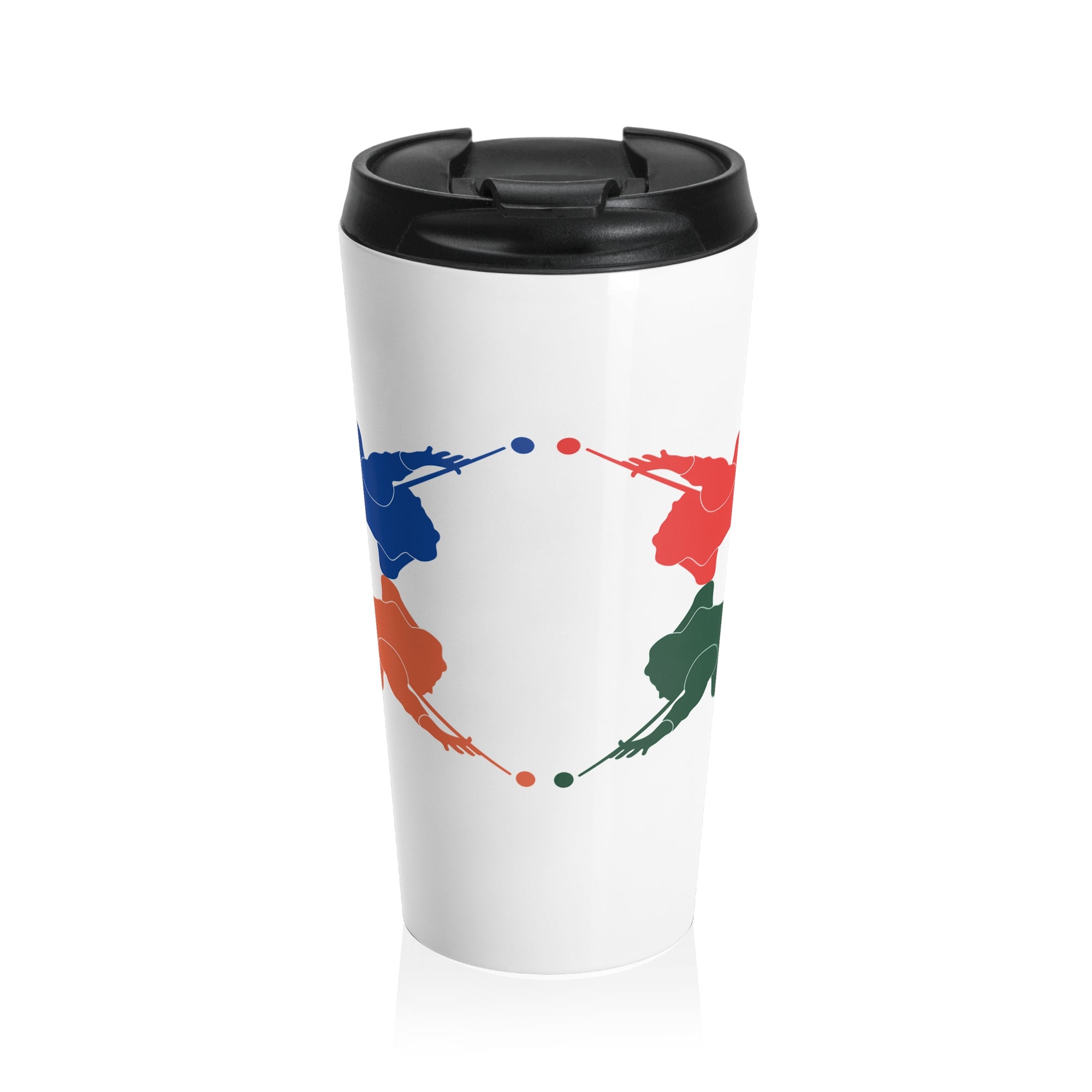 White travel mug with lid, with colorful graphic of 4 billiards player silhouettes in a pop art style, against a white background