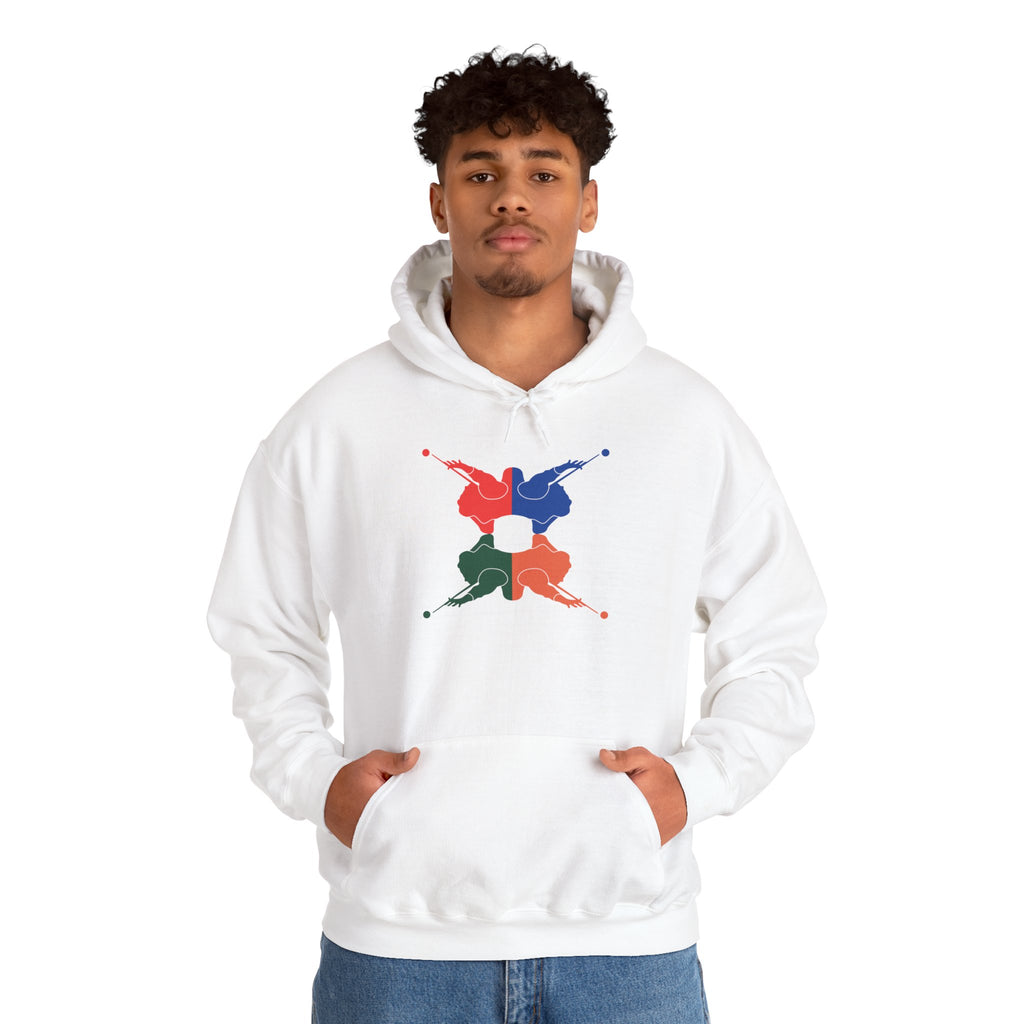 A man wearing a white hoodie with colorful graphic of 4 billiards player silhouettes in a pop art style, against a white background