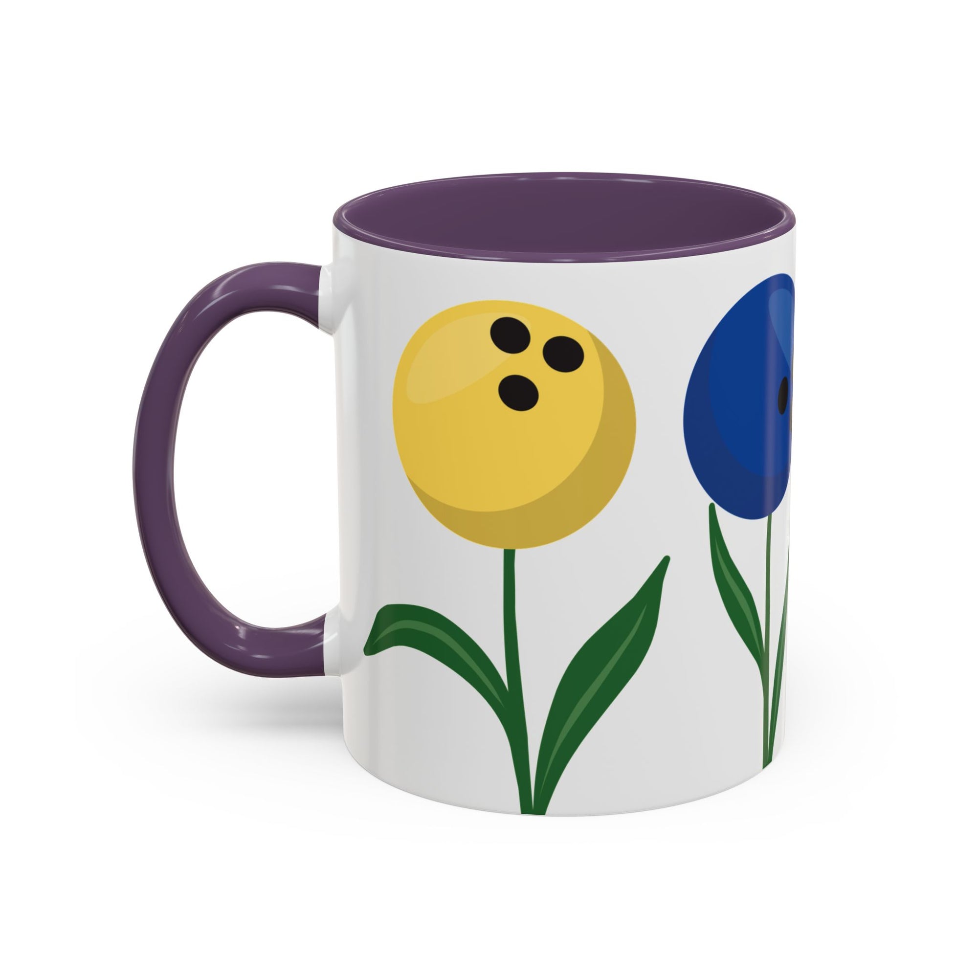 A white ceramic coffee mug with purple accents on the handle and interior, with colorful flowers made out of bowling balls, on a white background