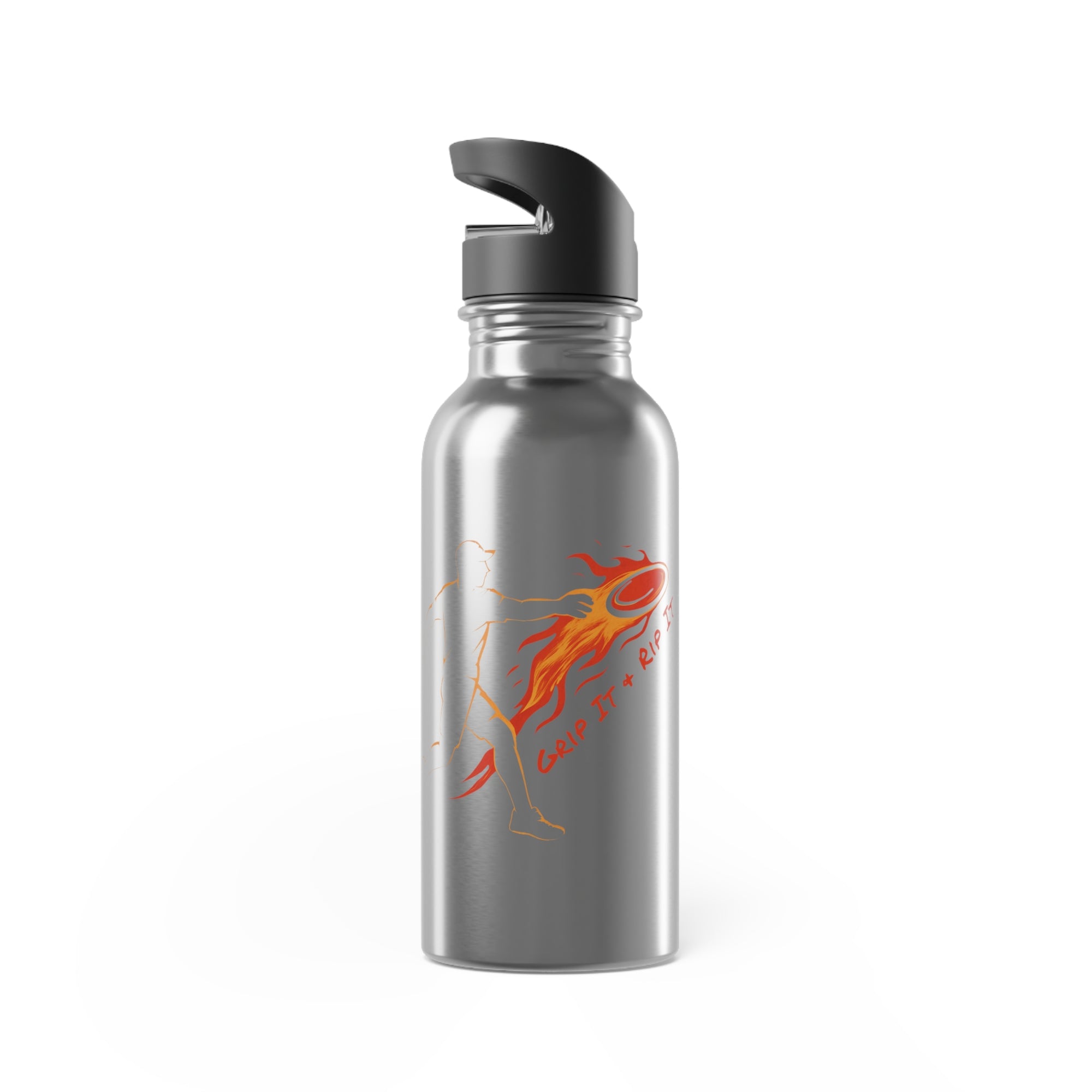 A stainless steel water bottle with lid featuring a graphic design of a person throwing a disc golf disc with flames coming off the disc and text 'Grip It or Rip It' against a white background.