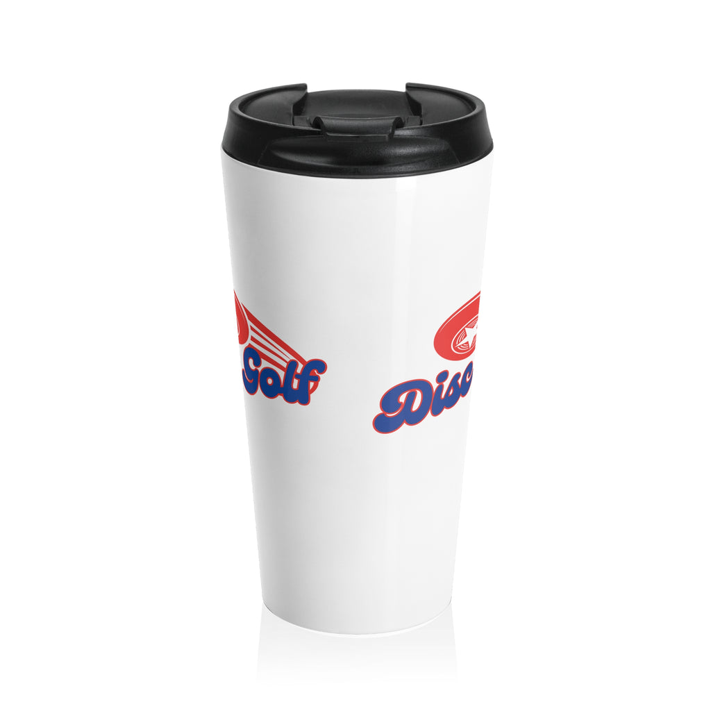 A white travel mug tumbler with a lid featuring the words 'Disc Golf' in a blue script text outlined in red and disc golf with motion trails, against a white background