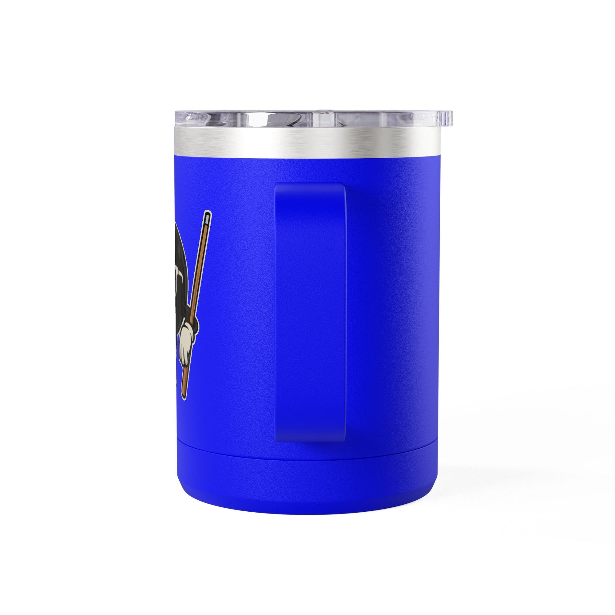 The backside view of a blue travel coffee mug tumbler with handle and a lid, with a graphic of a cartoon billiards 8 ball with arms and legs and wearing sunglasses and leaning on a cue stick, on a white background