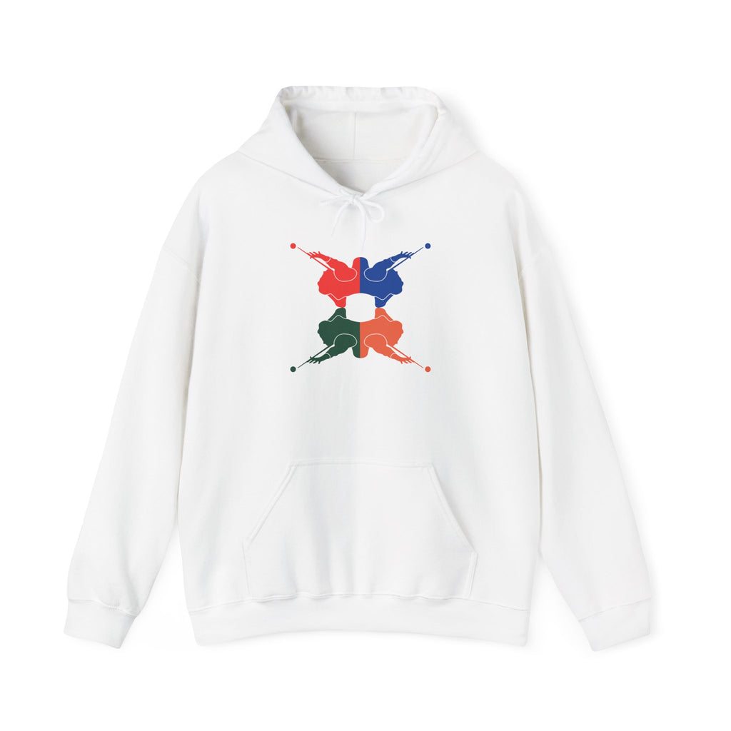 White hoodie with colorful graphic of 4 billiards player silhouettes in a pop art style, against a white background