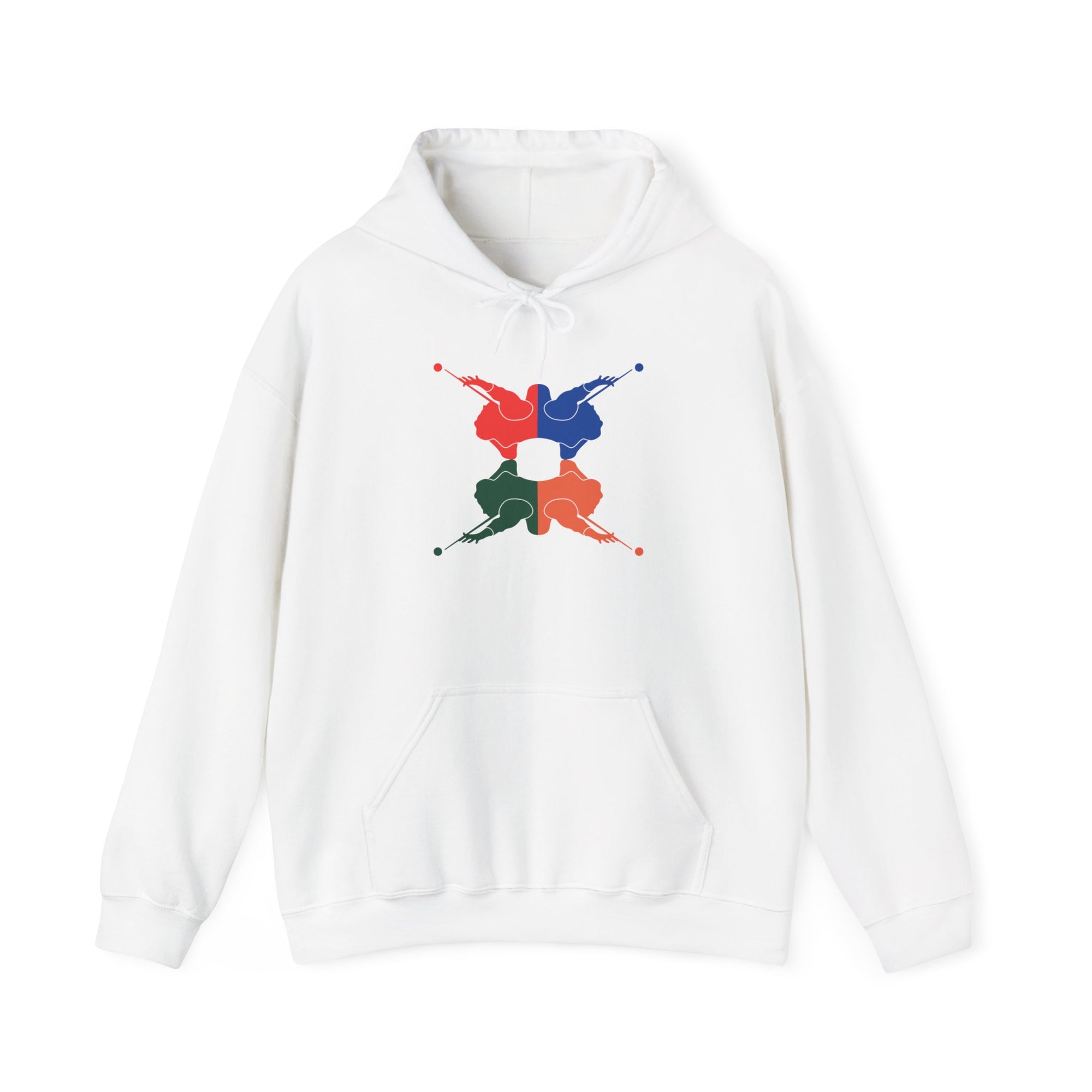 White hoodie with colorful graphic of 4 billiards player silhouettes in a pop art style, against a white background