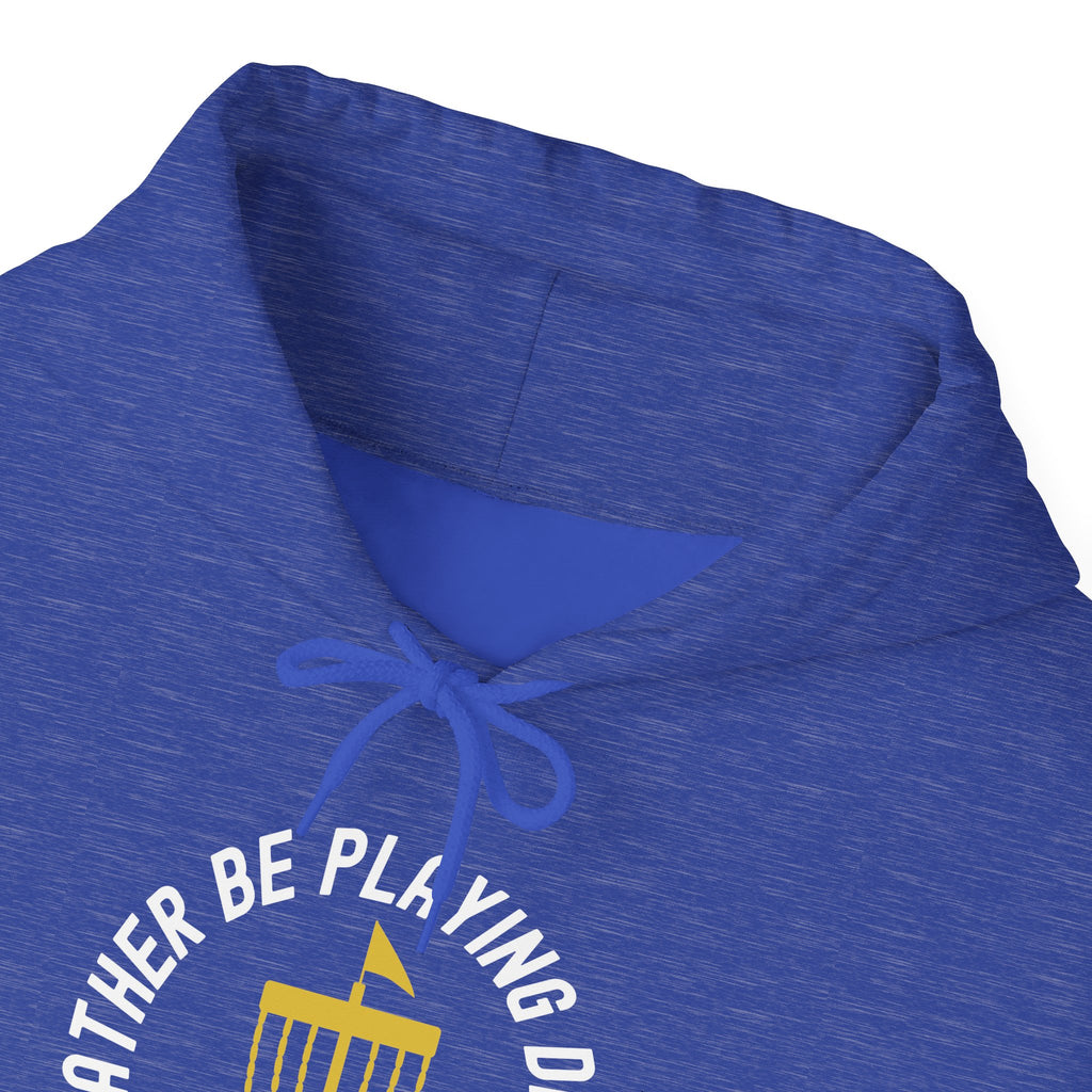 Neckline of a blue hoodie with a graphic of disc golf chains, basket, and disc and text that says "I'd Rather Be Playing Disc Golf" on a white background