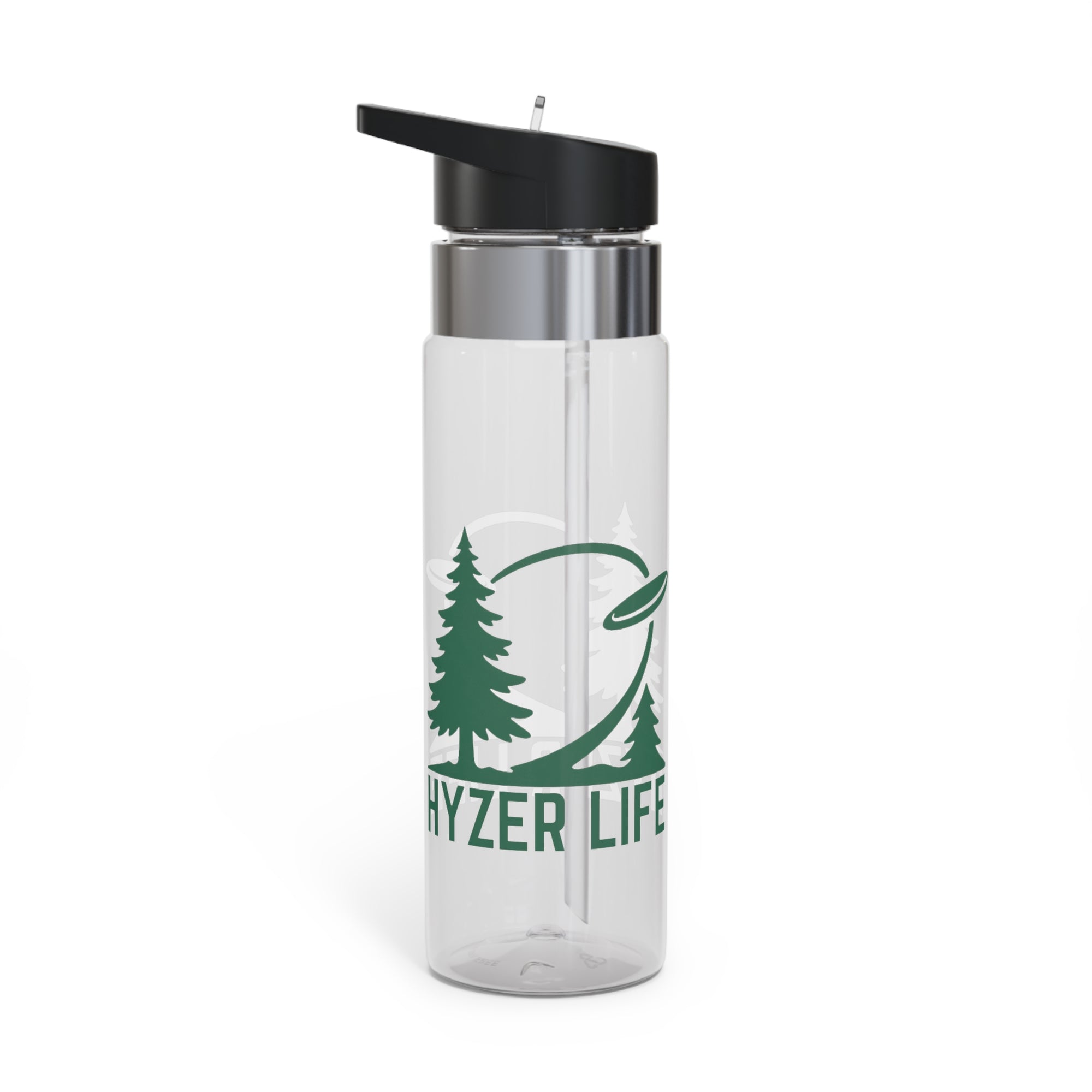 Clear water bottle with lid with green graphic of trees and a disc golf flying with the words 'HYZER LIFE' below the image, on a white background.