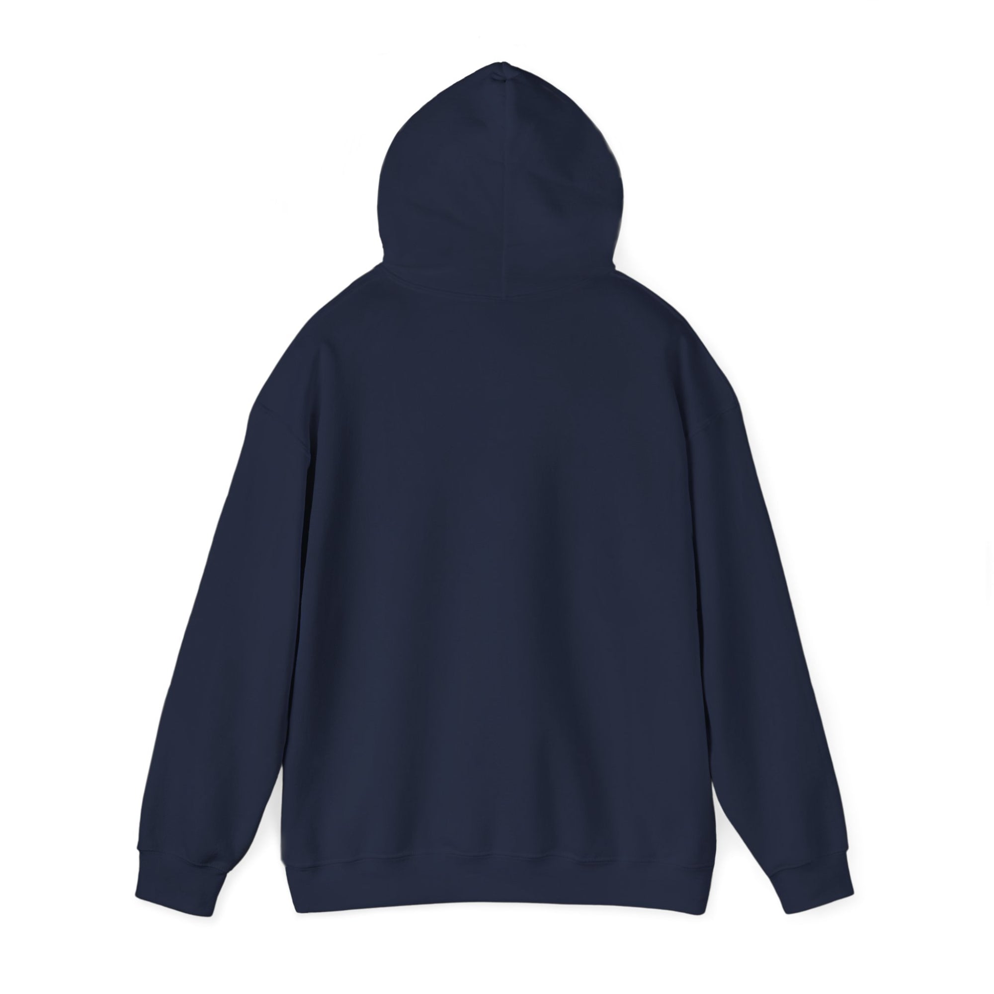 Back of a navy blue hoodie on a white background
