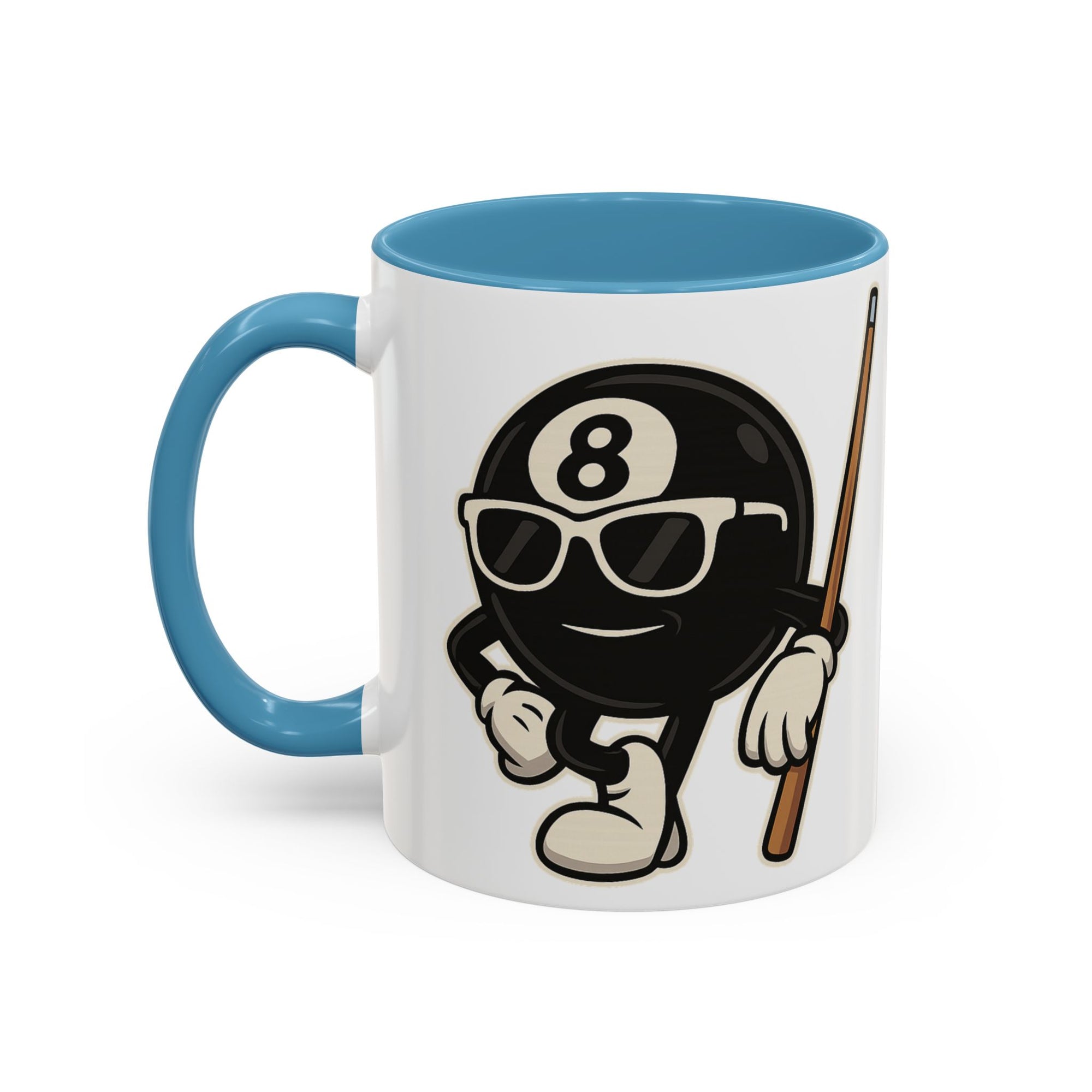 A white ceramic coffee mug with light blue accents on the handle and interior, with a graphic of a cartoon billiards 8 ball with arms and legs and wearing sunglasses and leaning on a cue stick, on a white background