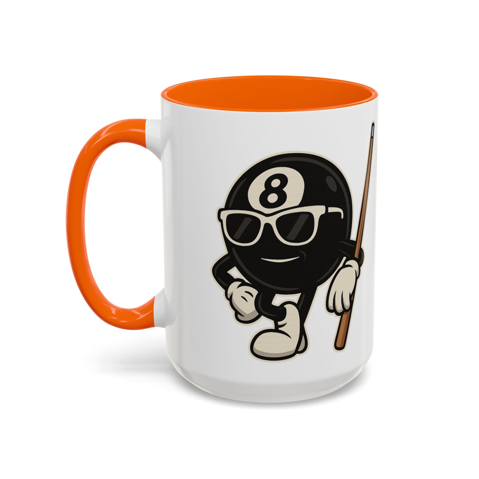 A white ceramic coffee mug with orange accents on the handle and interior, with a graphic of a cartoon billiards 8 ball with arms and legs and wearing sunglasses and leaning on a cue stick, on a white background