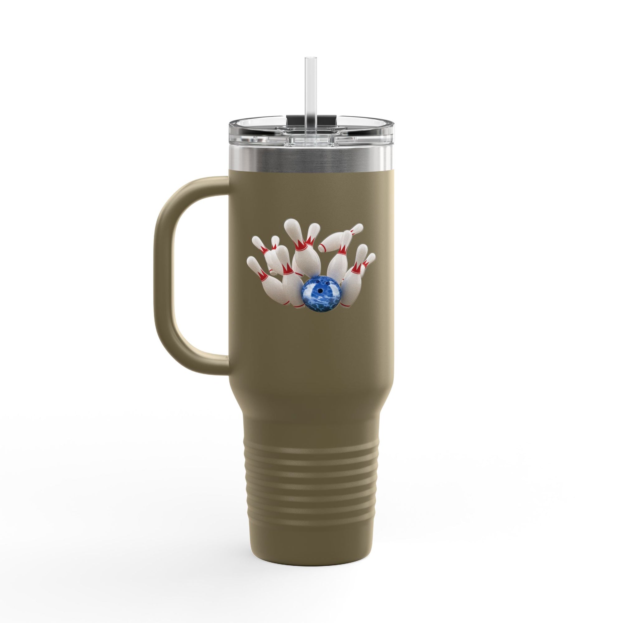 An olive green 40oz travel mug with lid and straw, with a graphic of a blue bowling ball knocking over bowling pins, on a white background