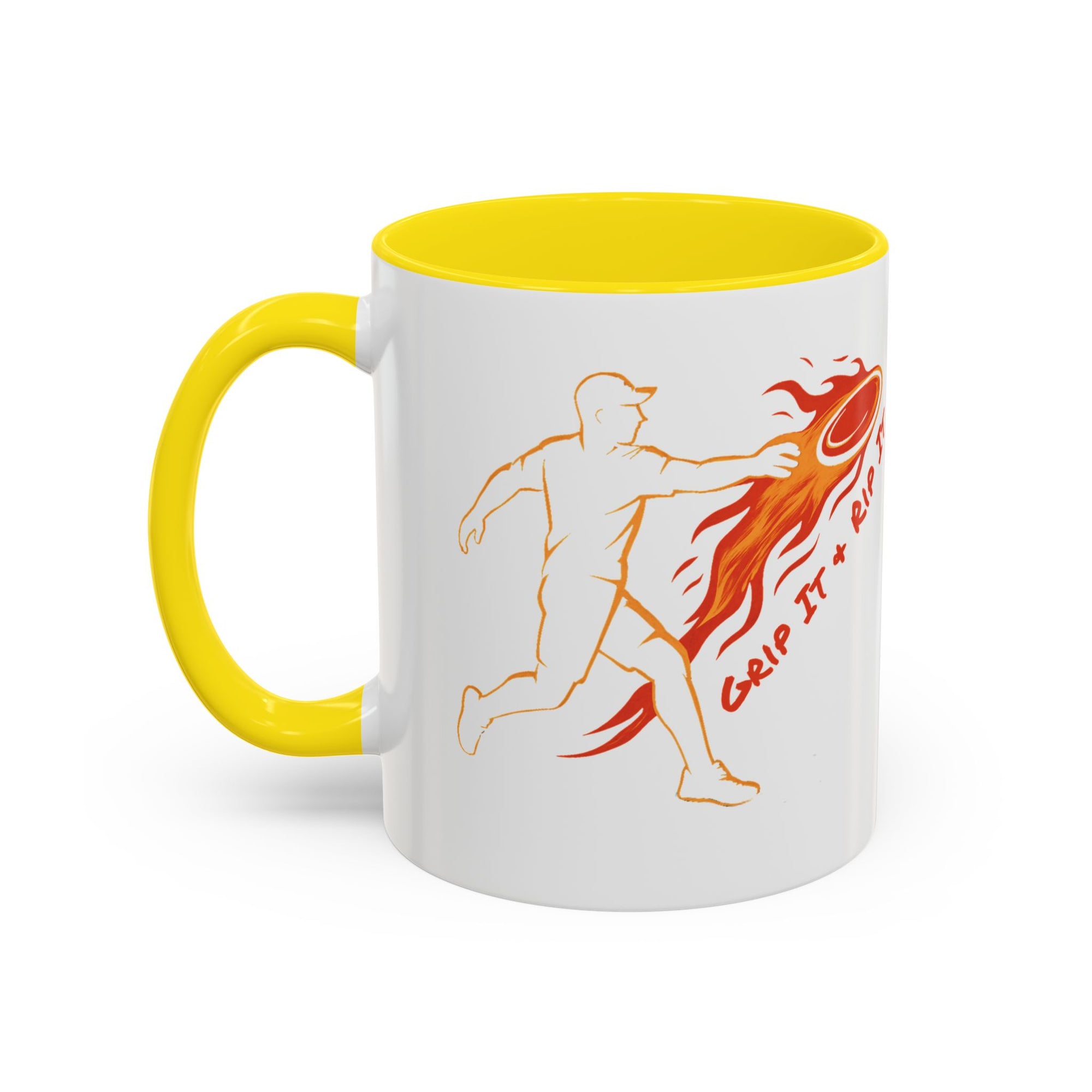 A ceramic coffee mug with yellow accents on the handle and interior, featuring a graphic design of a person throwing a disc golf disc with flames coming off the disc and text 'Grip It or Rip It' against a white background.