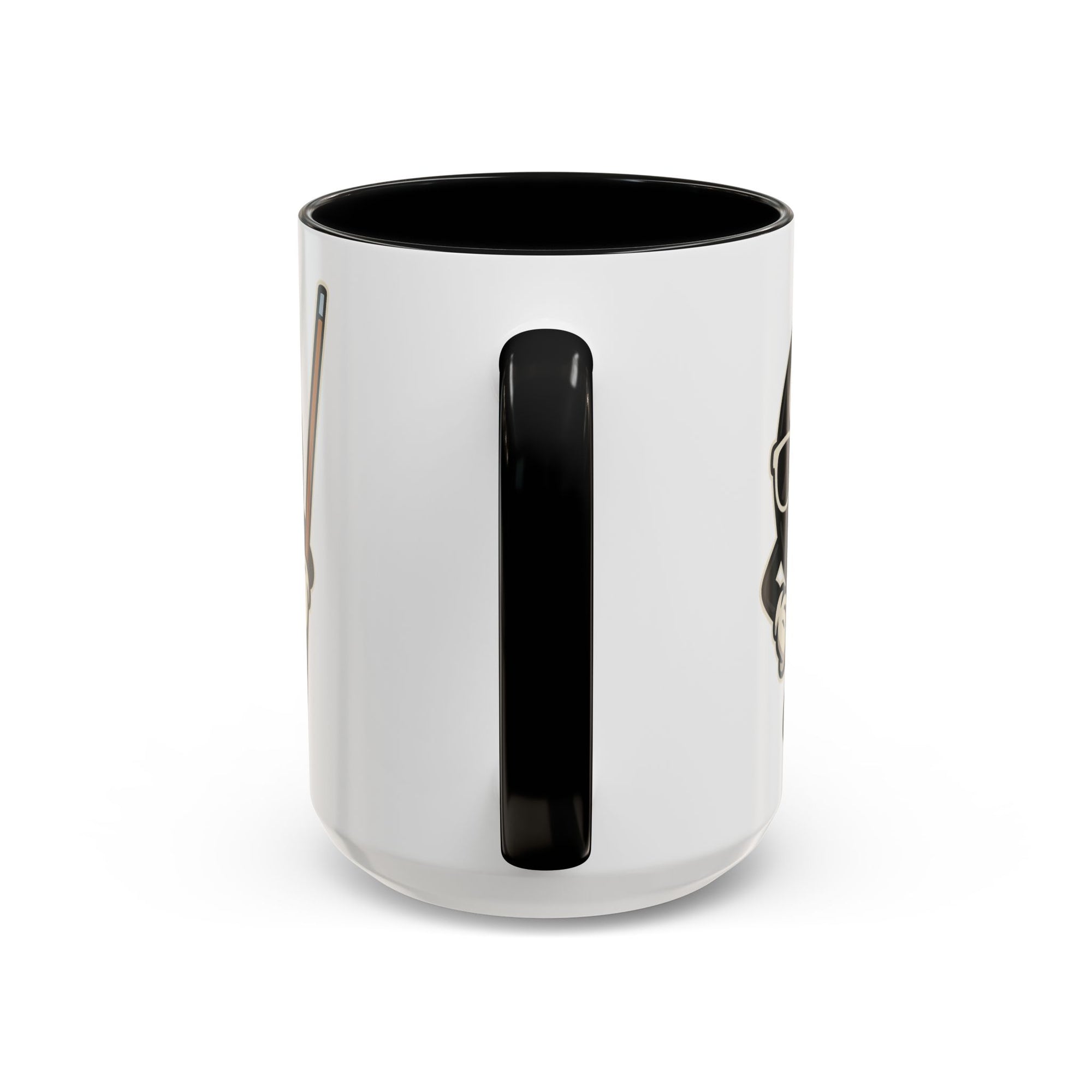 Back view of the handle of a white ceramic coffee mug with black accents on the handle and interior, with a graphic of a cartoon billiards 8 ball with arms and legs and wearing sunglasses and leaning on a cue stick, on a white background