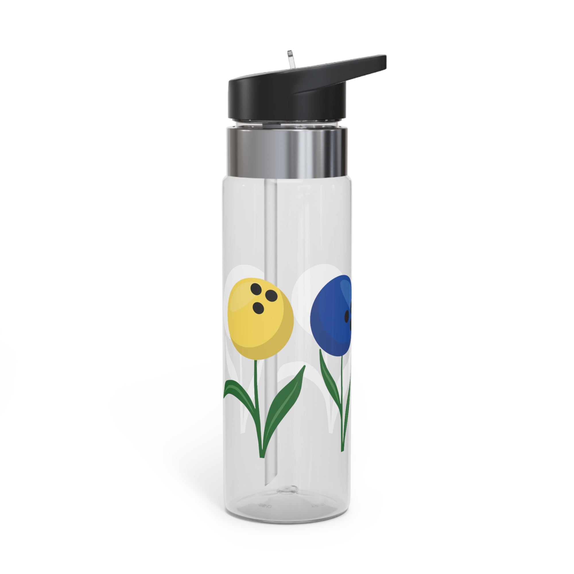 A clear water bottle with a black lid, with colorful flowers made out of bowling balls, on a white background