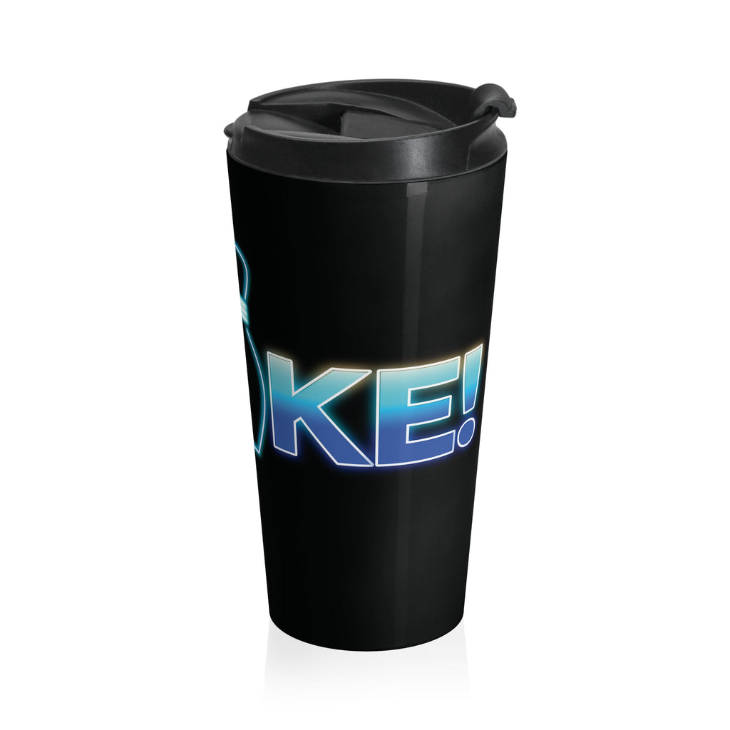Black travel coffee mug with black lid, with 'STRIKE!' with the "I" replaced by a bowling pin, on a white background