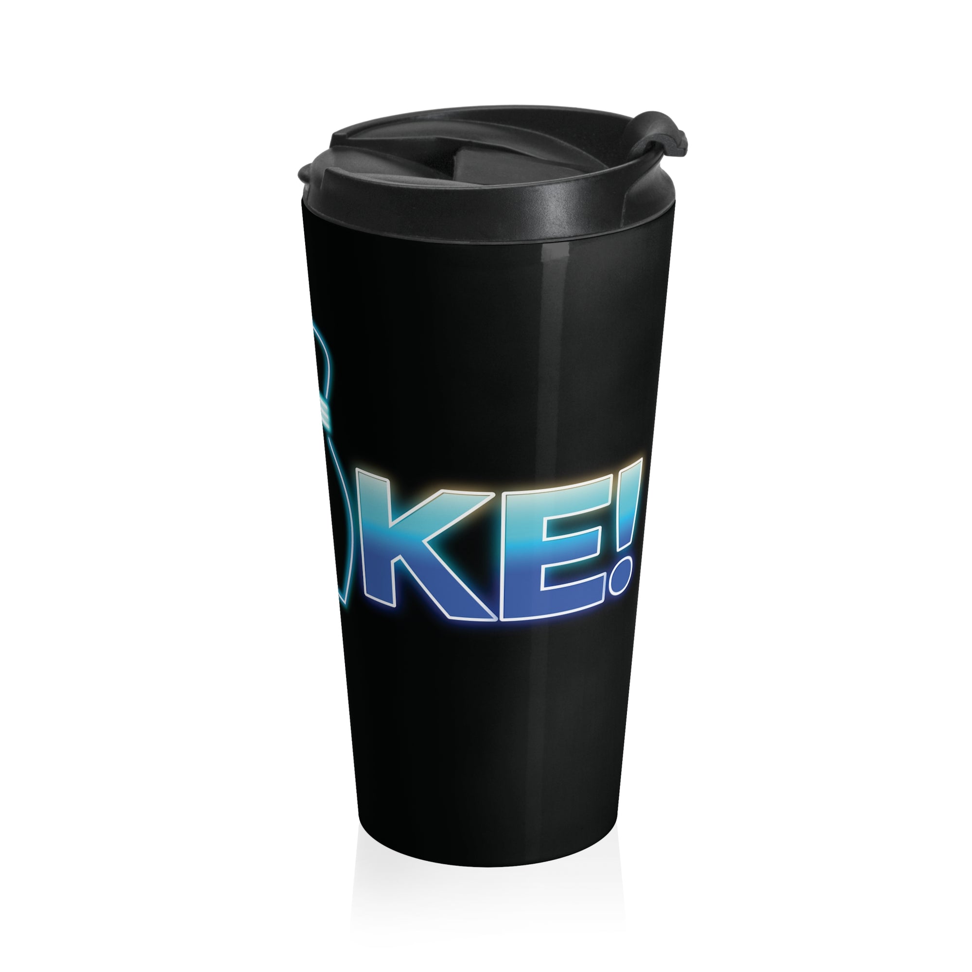 Black travel coffee mug with black lid, with 'STRIKE!' with the "I" replaced by a bowling pin, on a white background