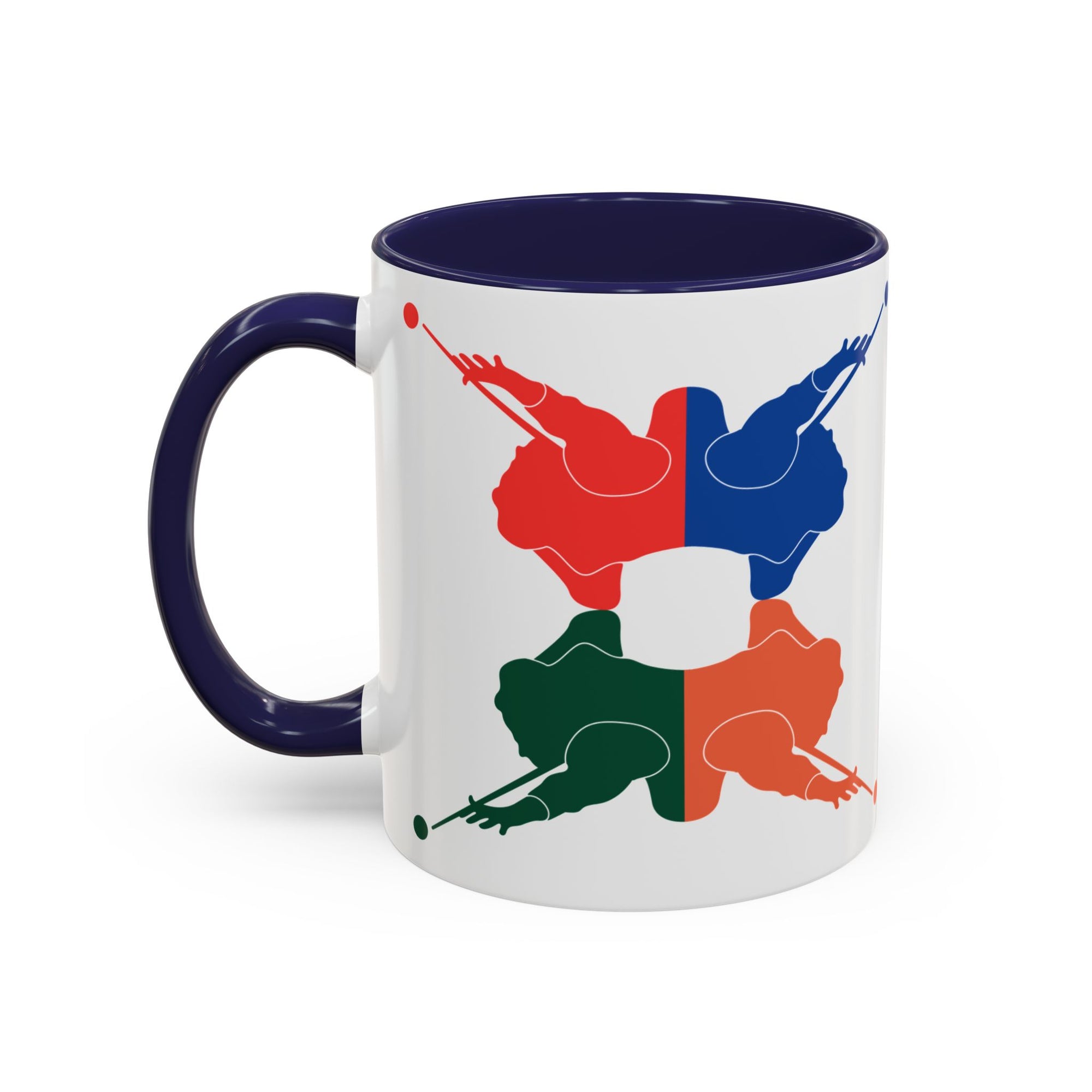 A white ceramic coffee mug with dark blue accents on the handle and interior, with colorful graphic of 4 billiards player silhouettes in a pop art style, against a white background