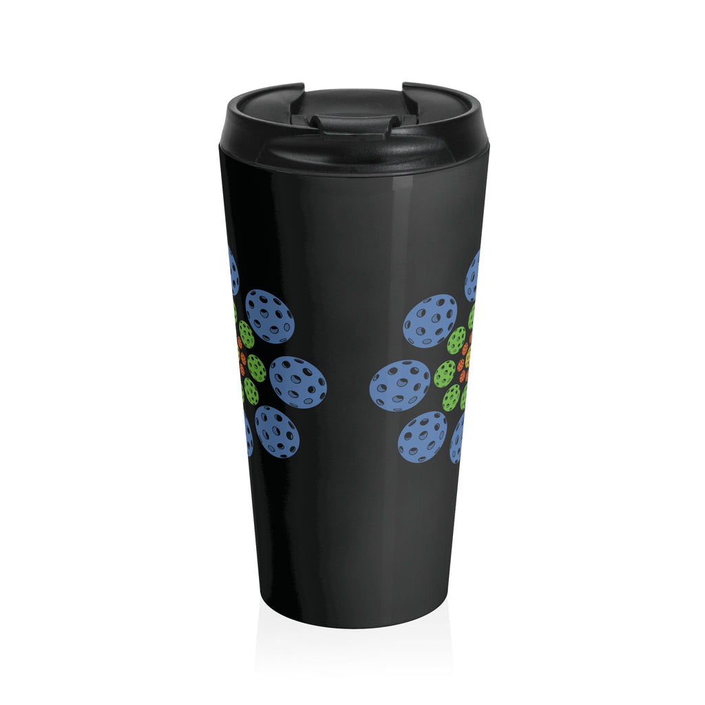 Stainless steel travel mug with lid featuring a colorful geometric design of pickleballs against a white background