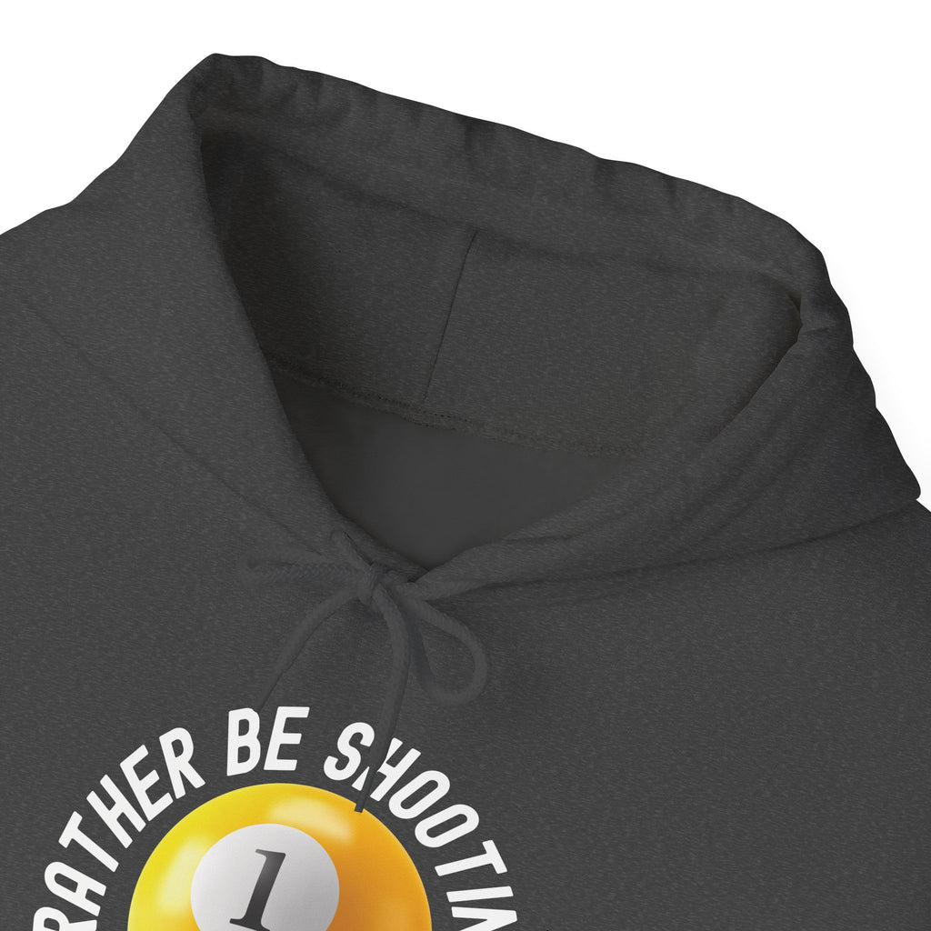 Neckline view of a gray hoodie with a yellow billiards ball and cue stick graphic and the text "I'd Rather Be Shooting Pool" on a white background
