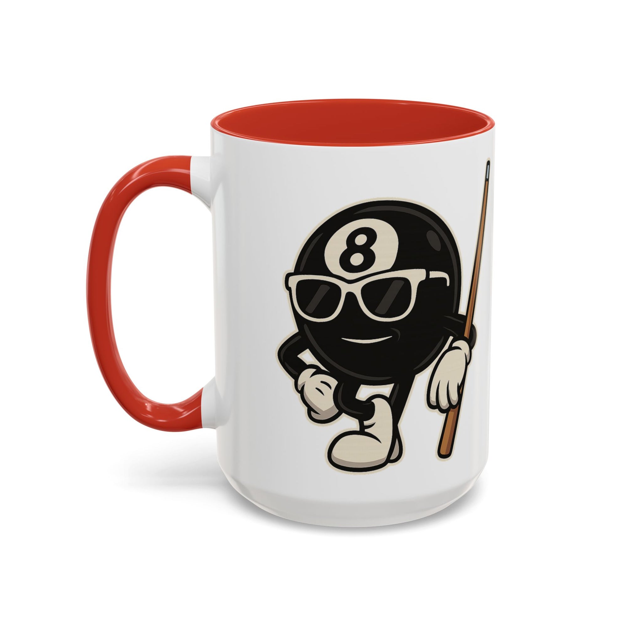A white ceramic coffee mug with red accents on the handle and interior, with a graphic of a cartoon billiards 8 ball with arms and legs and wearing sunglasses and leaning on a cue stick, on a white background