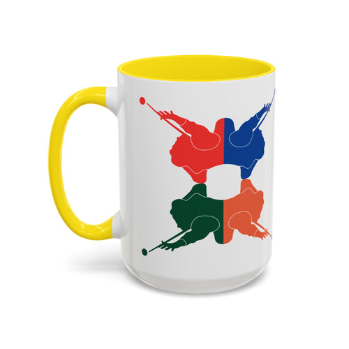 A white ceramic coffee mug with yellow accents on the handle and interior, with colorful graphic of 4 billiards player silhouettes in a pop art style, against a white background