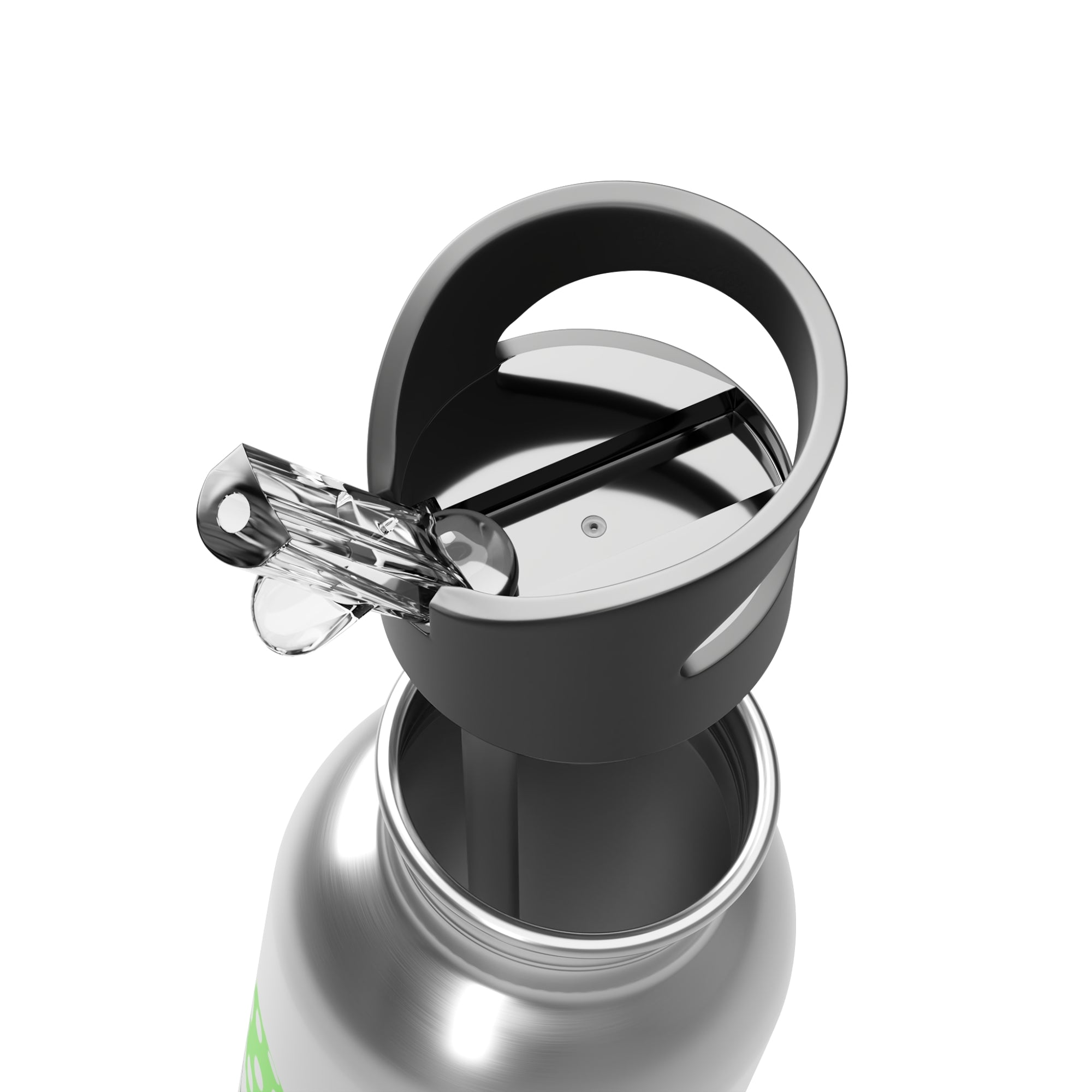 Close-up of a silver water bottle with a black cap on a white background