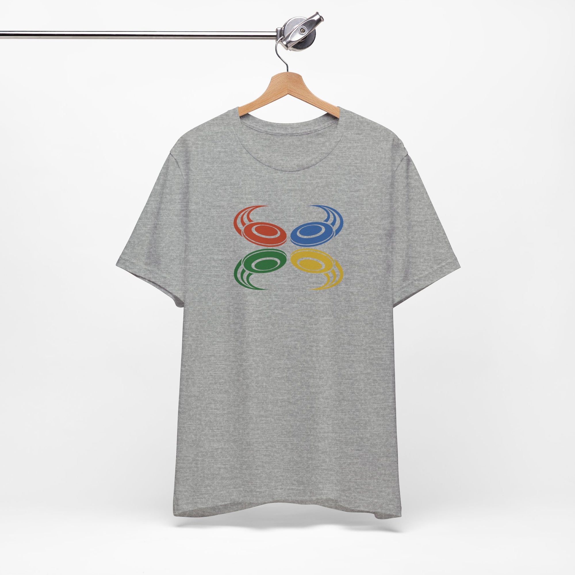 Light gray t-shirt with colorful graphic of flying disc golf discs, on a hanger against a white background