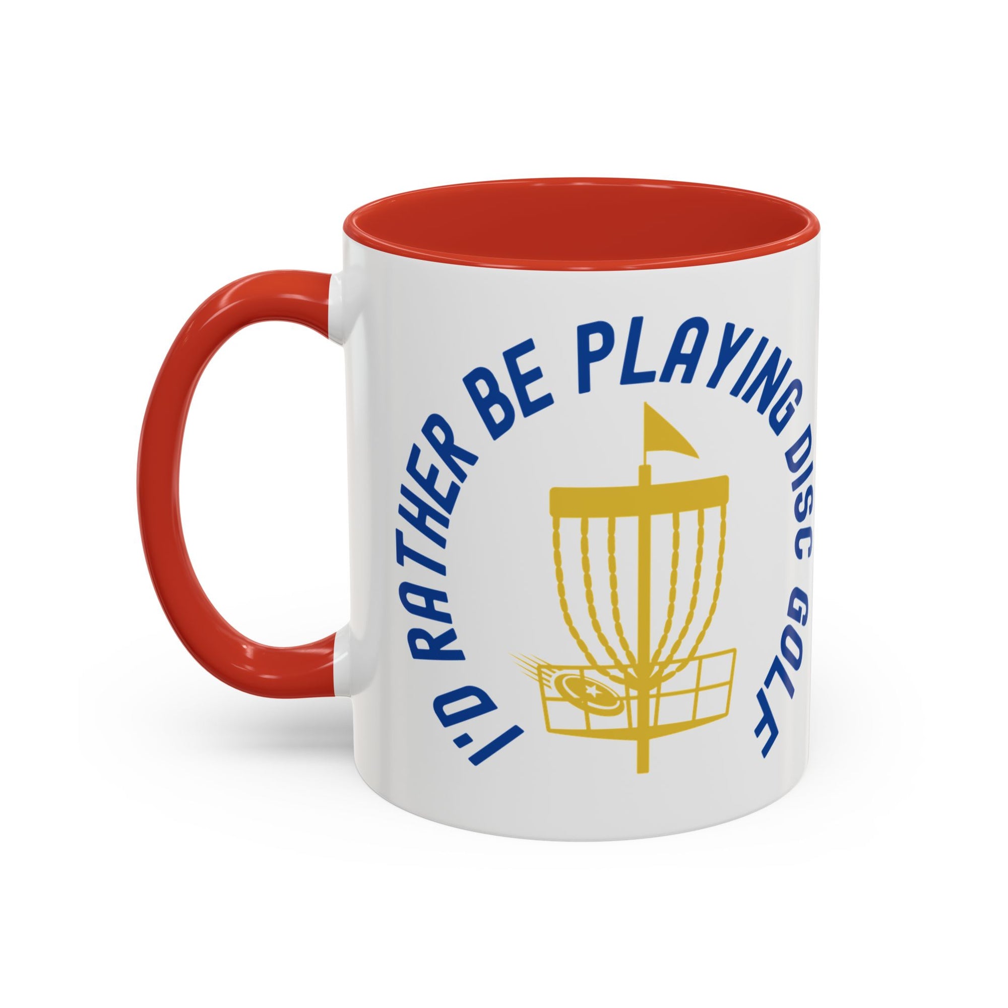 Ceramic coffee mug with red accents on the handle and inside, with a graphic of disc golf chains, basket, and disc and text that says "I'd Rather Be Playing Disc Golf" on a white background